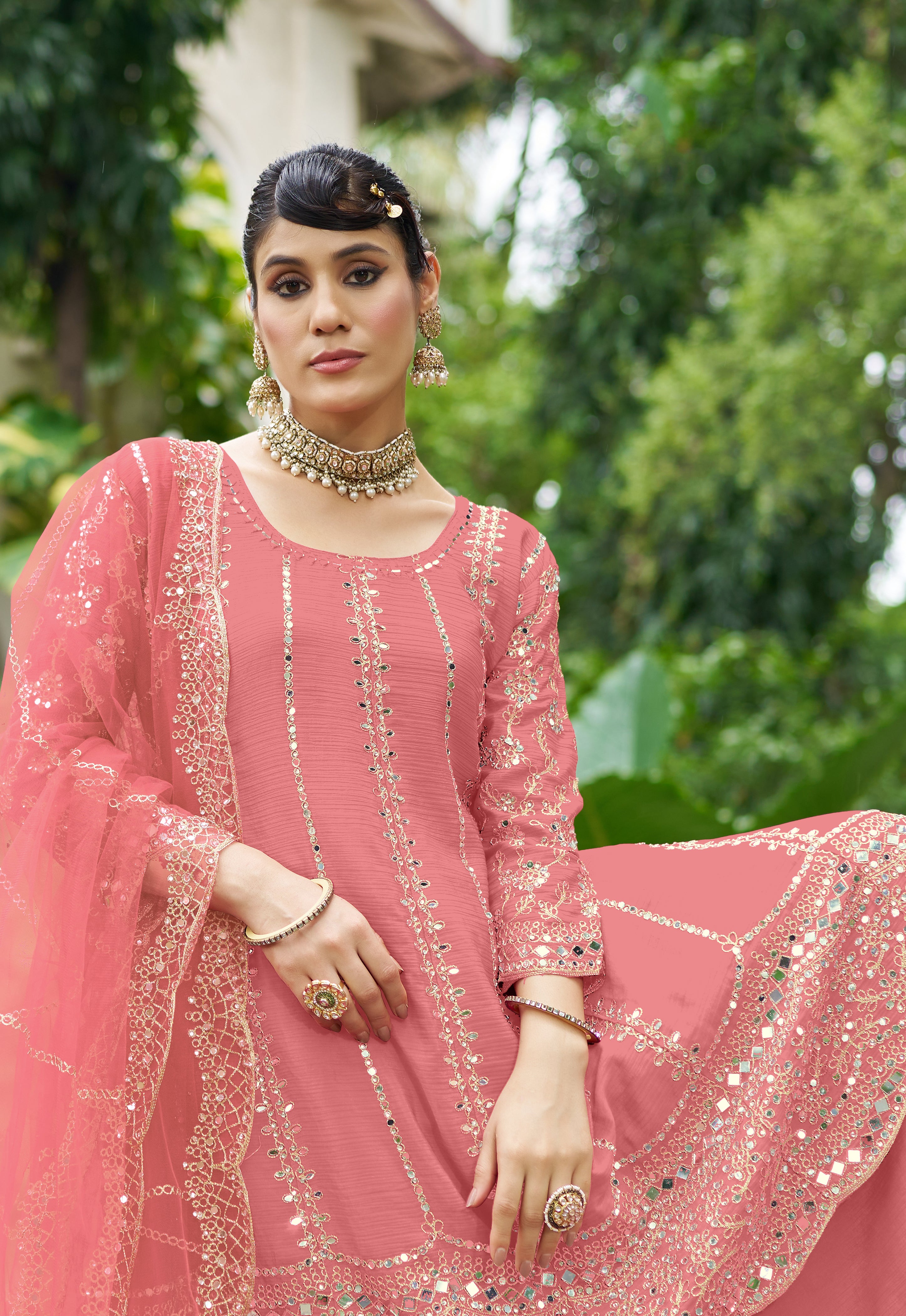 Pink Chinon Silk Salwar Suit With Real Mirror Work