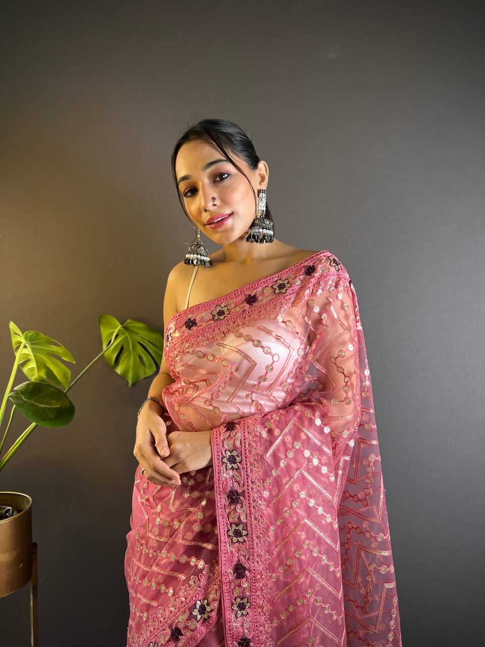 Pink Colour Butterfly Net Embrodiery Work Saree