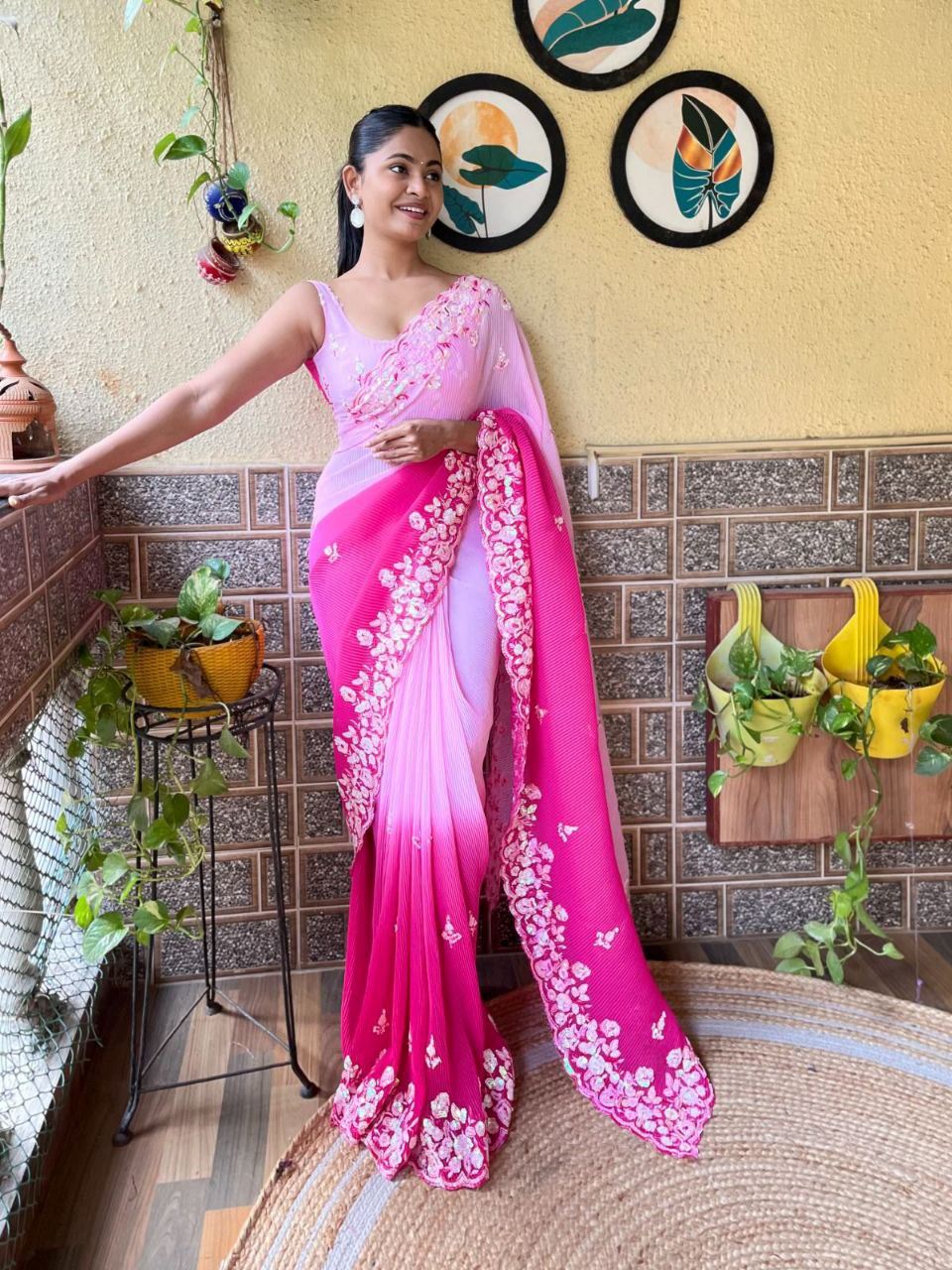 Pink Colour Georgette Embroidery Crush Work Saree