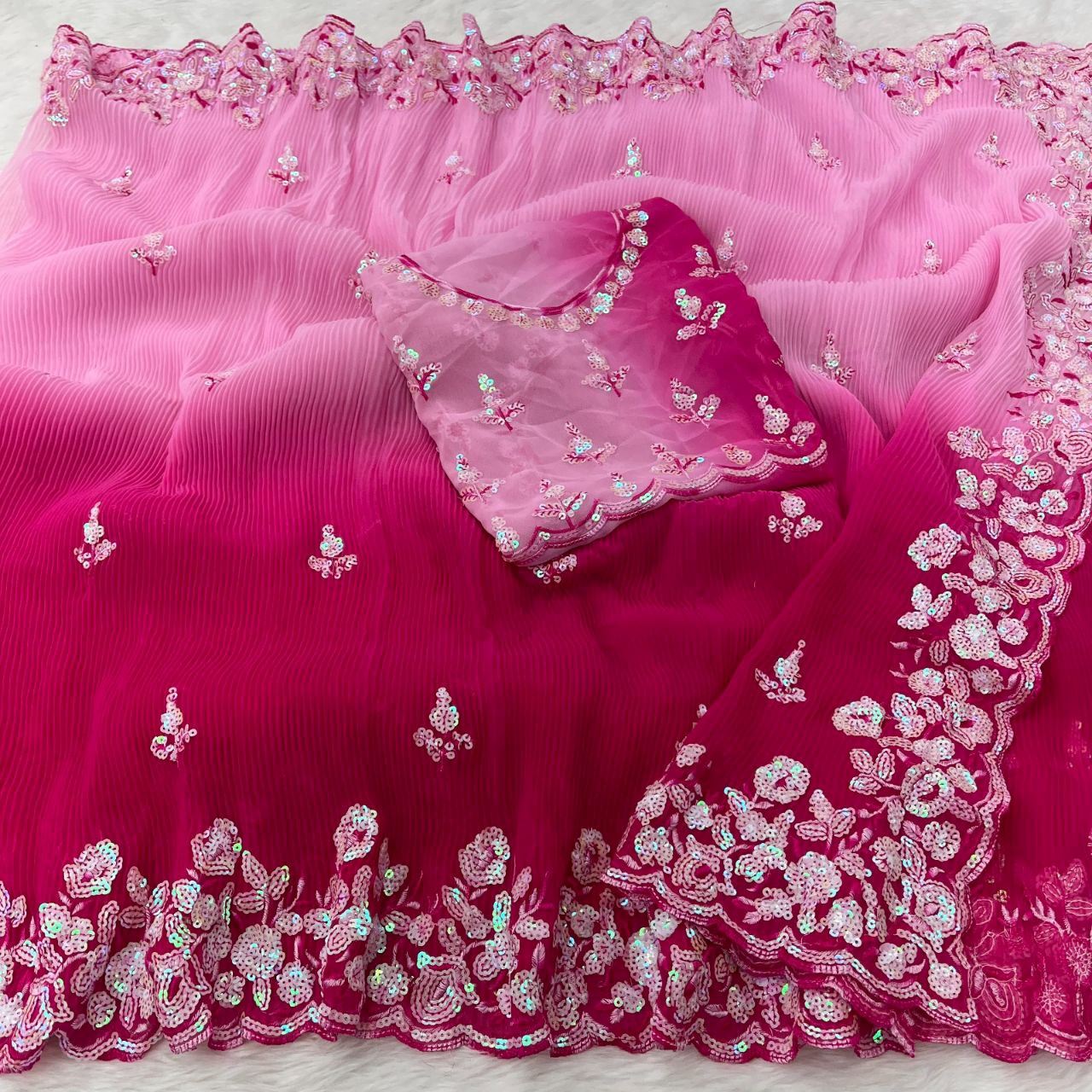 Pink Colour Georgette Embroidery Crush Work Saree