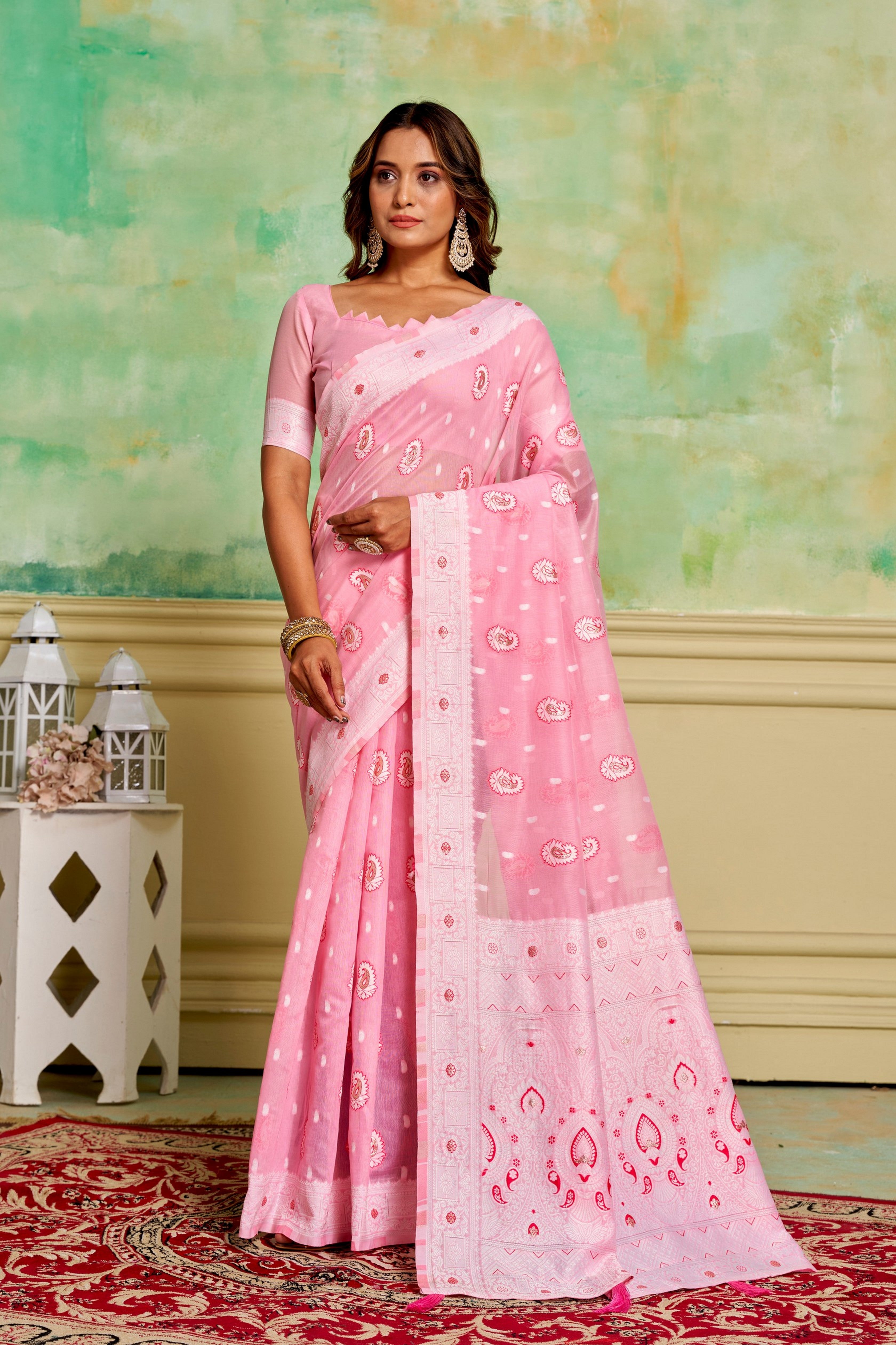Pink Cotton Fabric Woven Designer Ethnic Festive Wear Saree