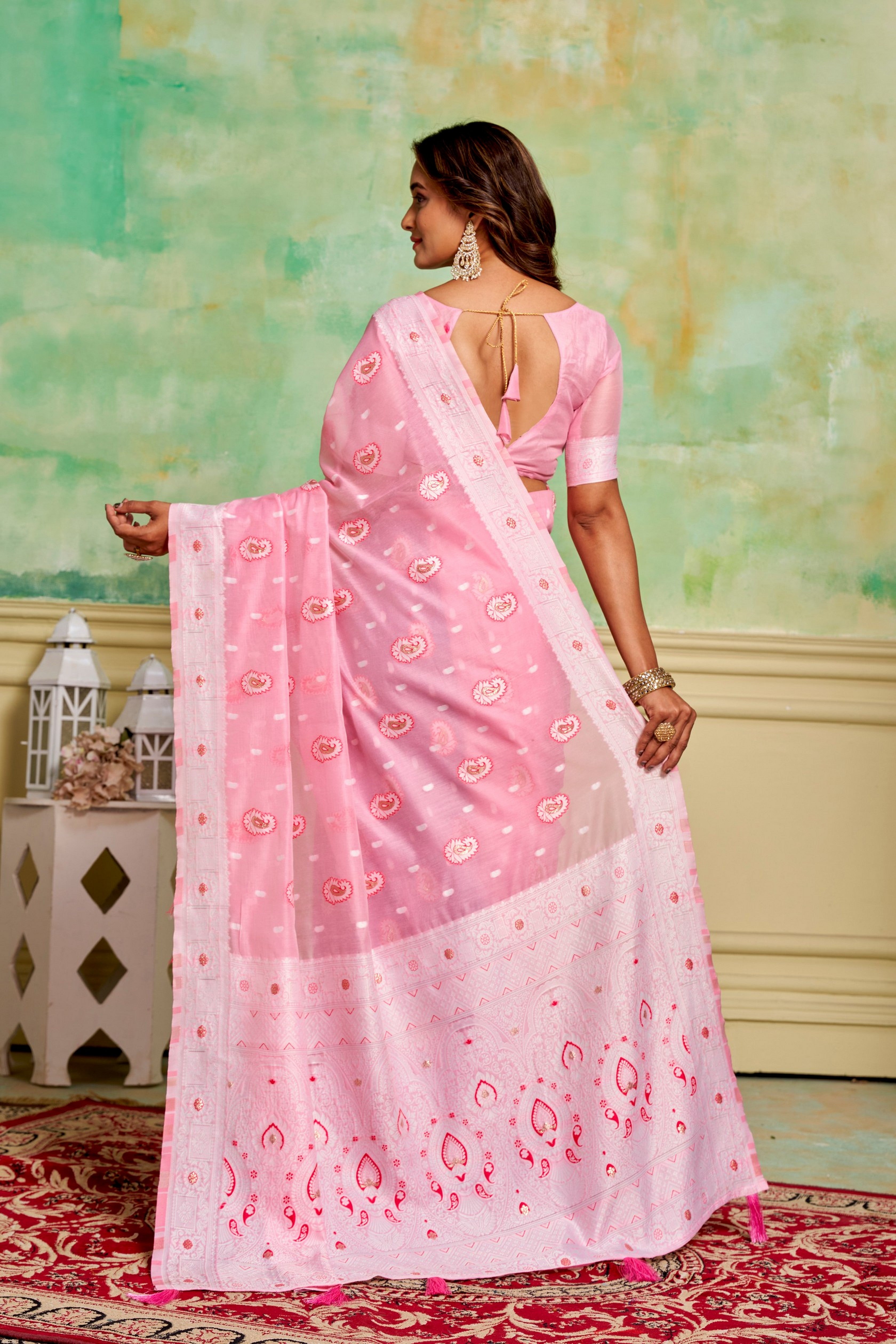Pink Cotton Fabric Woven Designer Ethnic Festive Wear Saree