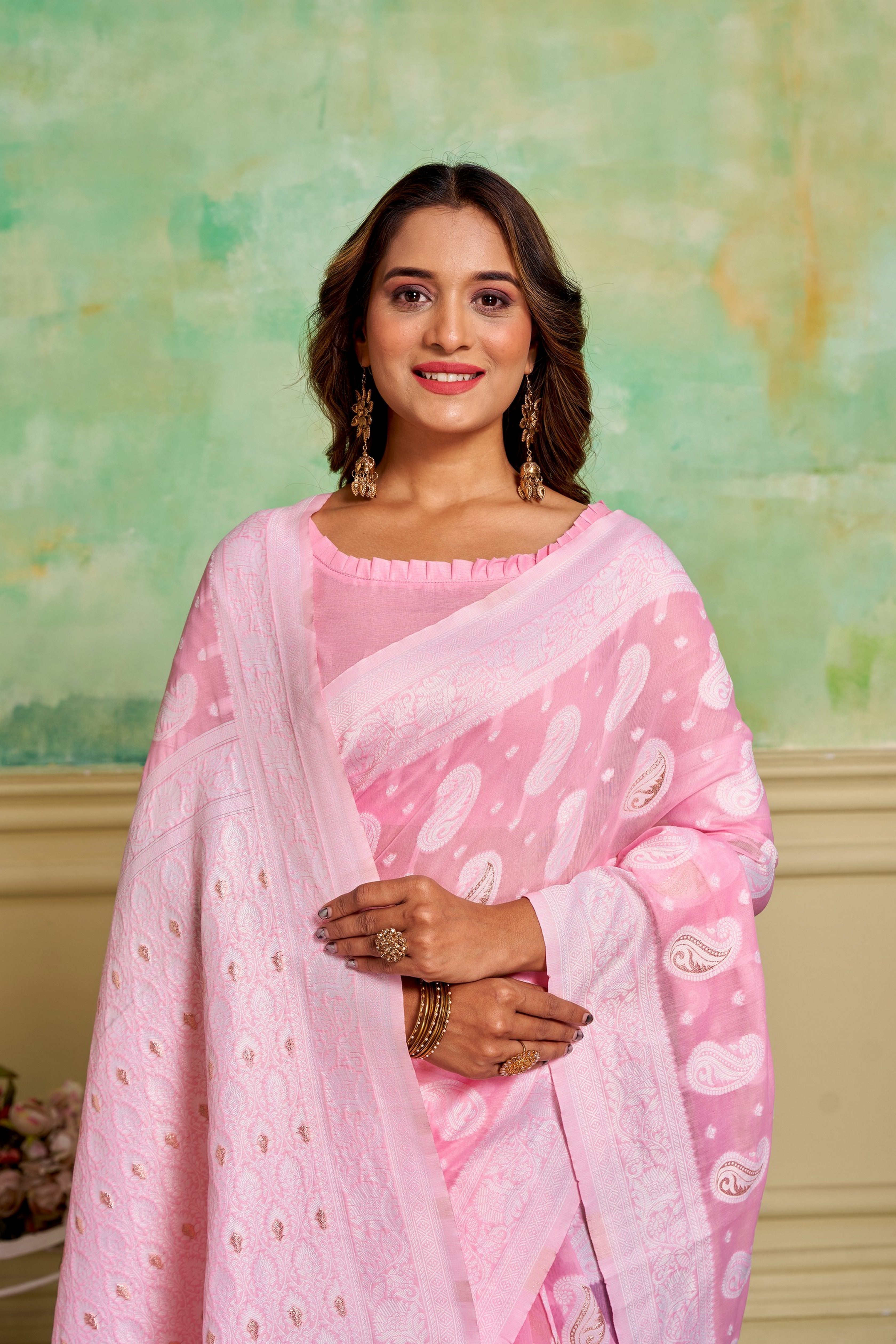 Pink Cotton Fabric Woven Designer Ethnic Festive Wear Saree