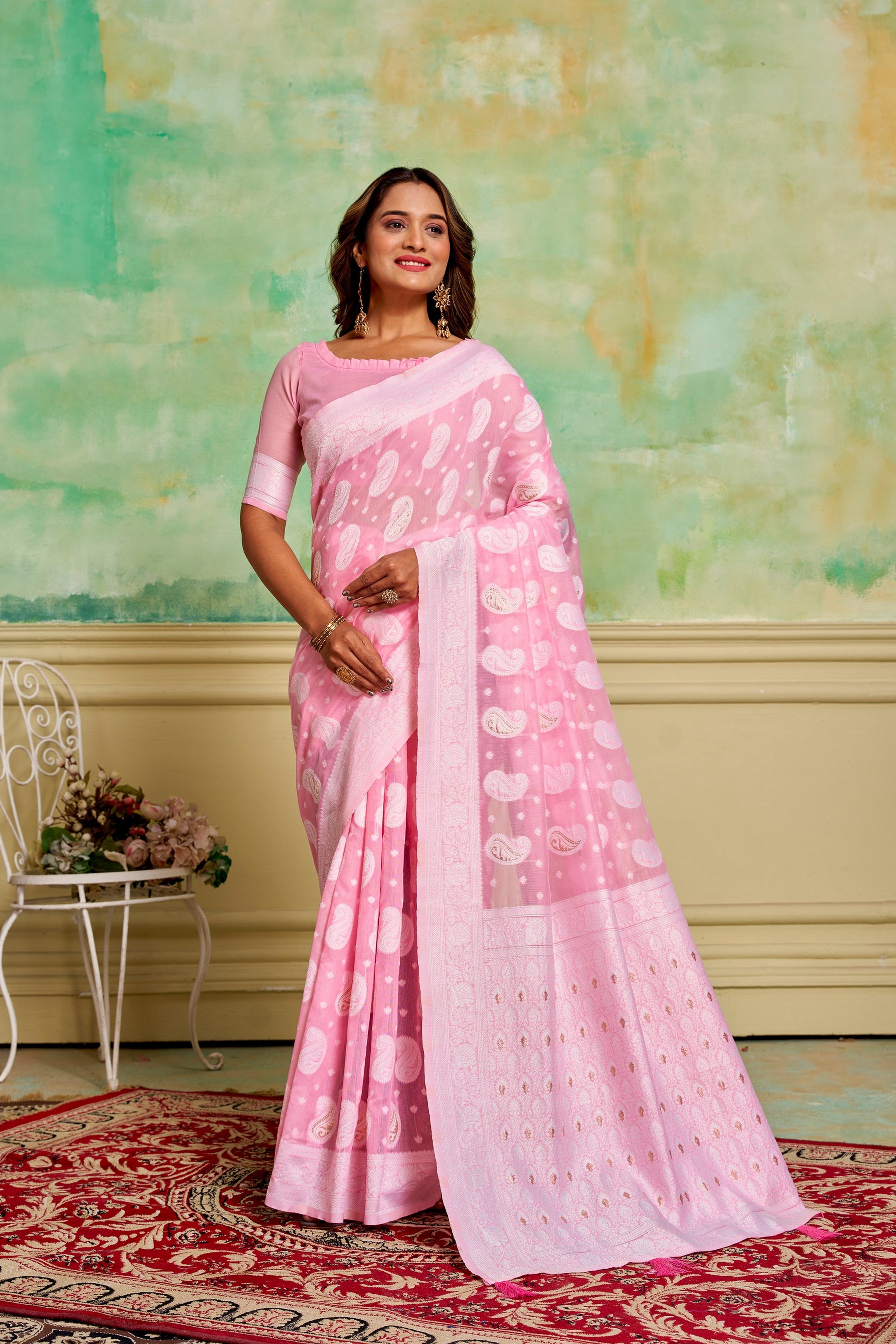 Pink Cotton Fabric Woven Designer Ethnic Festive Wear Saree