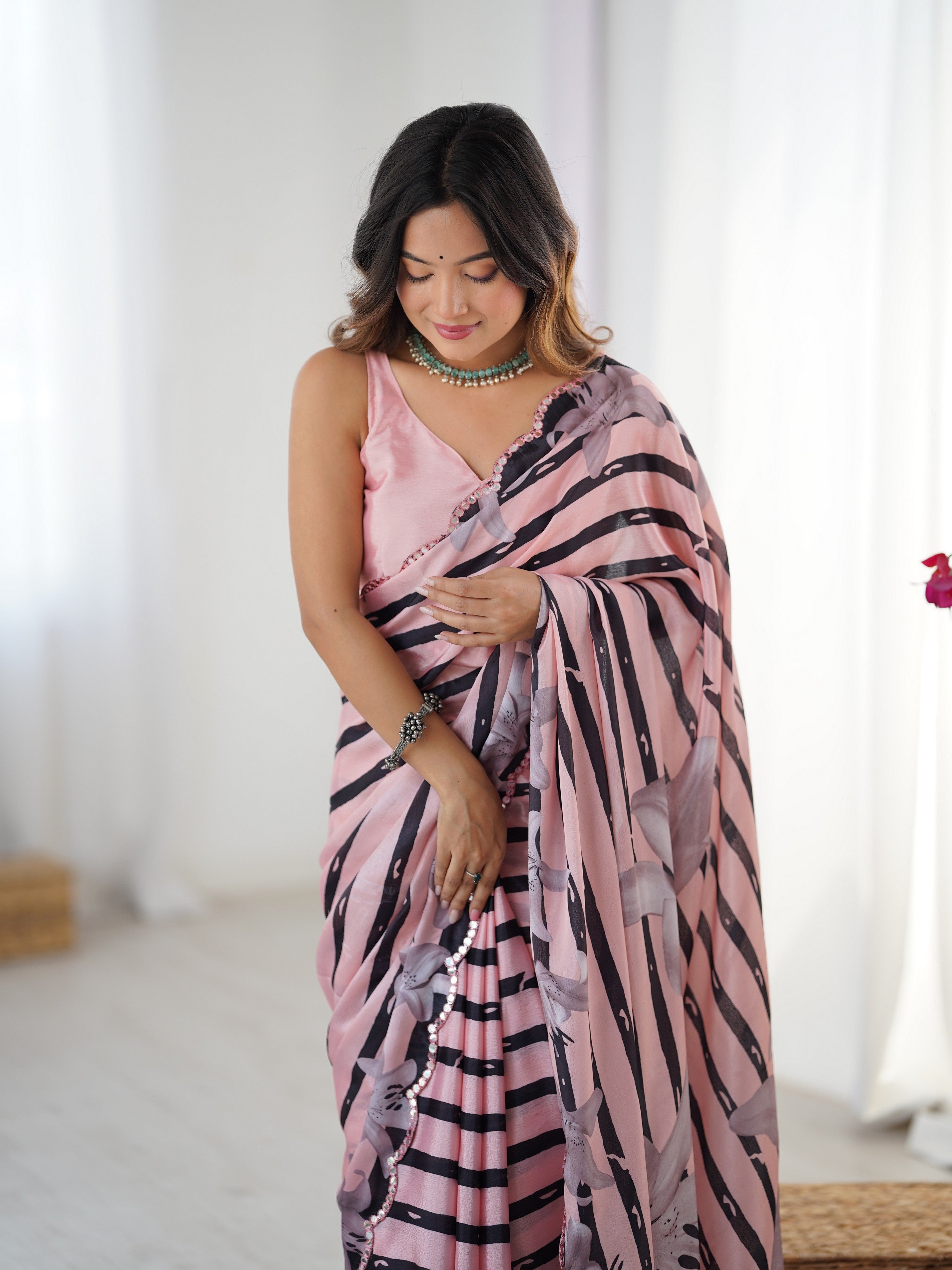 Pink Digital Printed Stylish Chinon Fanbric Glamorous Partywear Saree