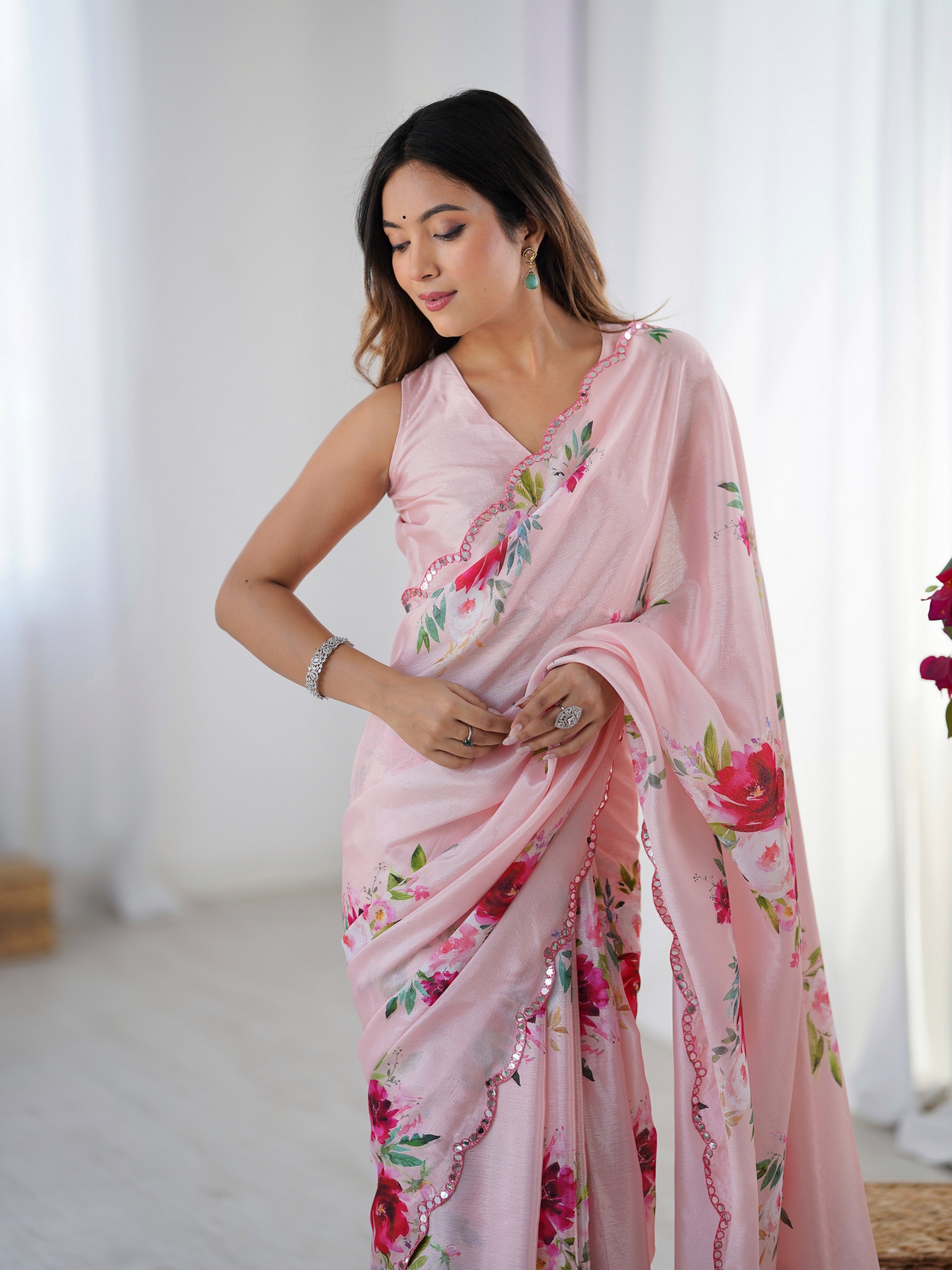 Pink Digital Printed Stylish Chinon Fanbric Glamorous Partywear Saree