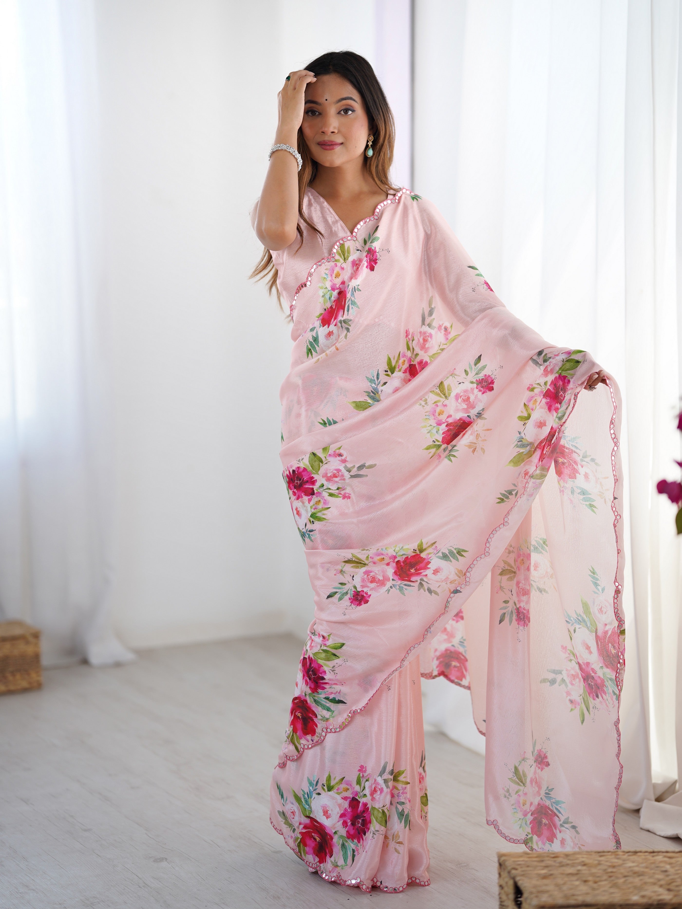 Pink Digital Printed Stylish Chinon Fanbric Glamorous Partywear Saree