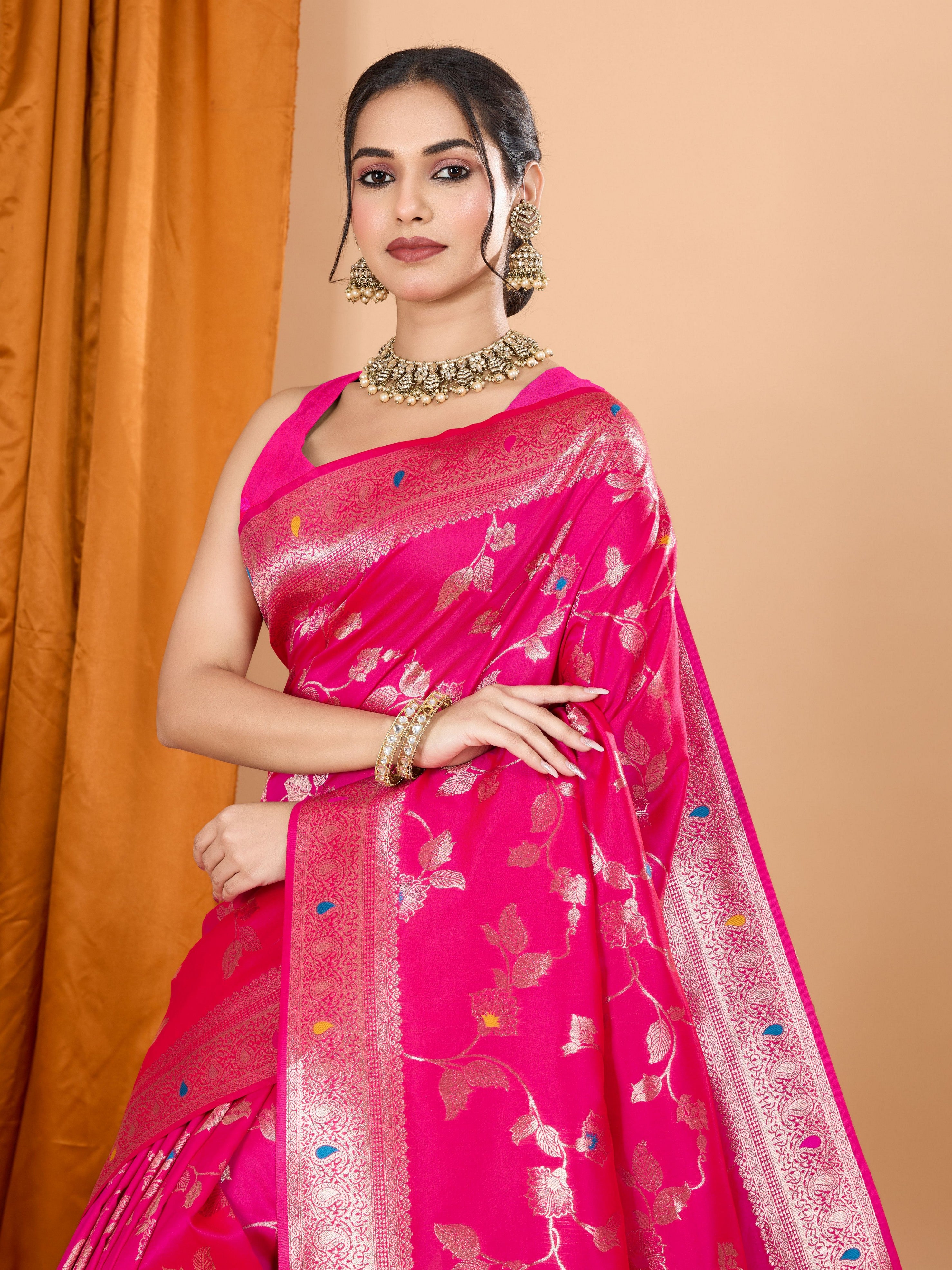 Pink Ethnic Banarasi Silk Saree With Woven Jari Designer Work