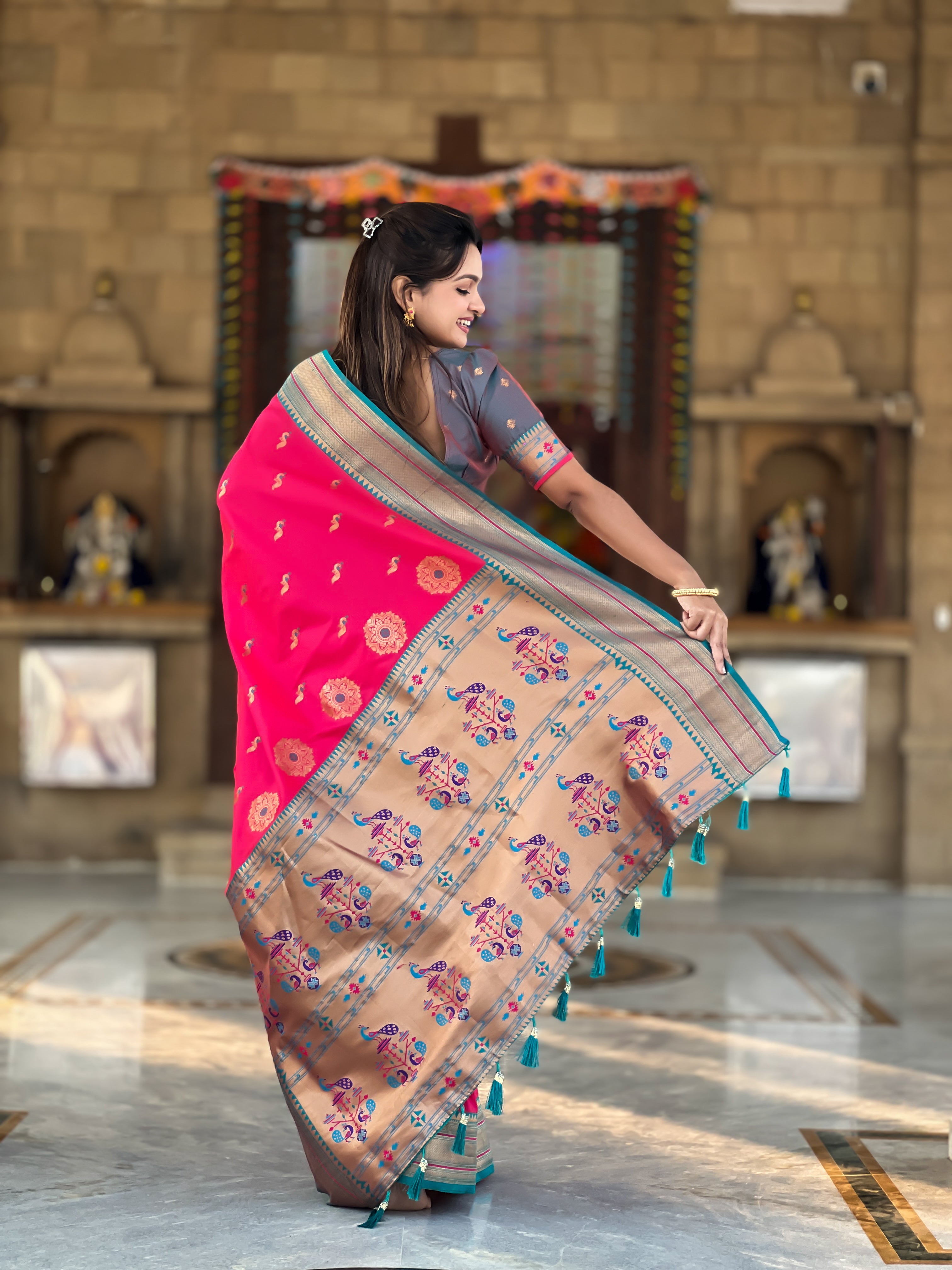 Pink Ethnic Paithani Silk Woven Jacquard Designer Ceremonial Fancy Saree