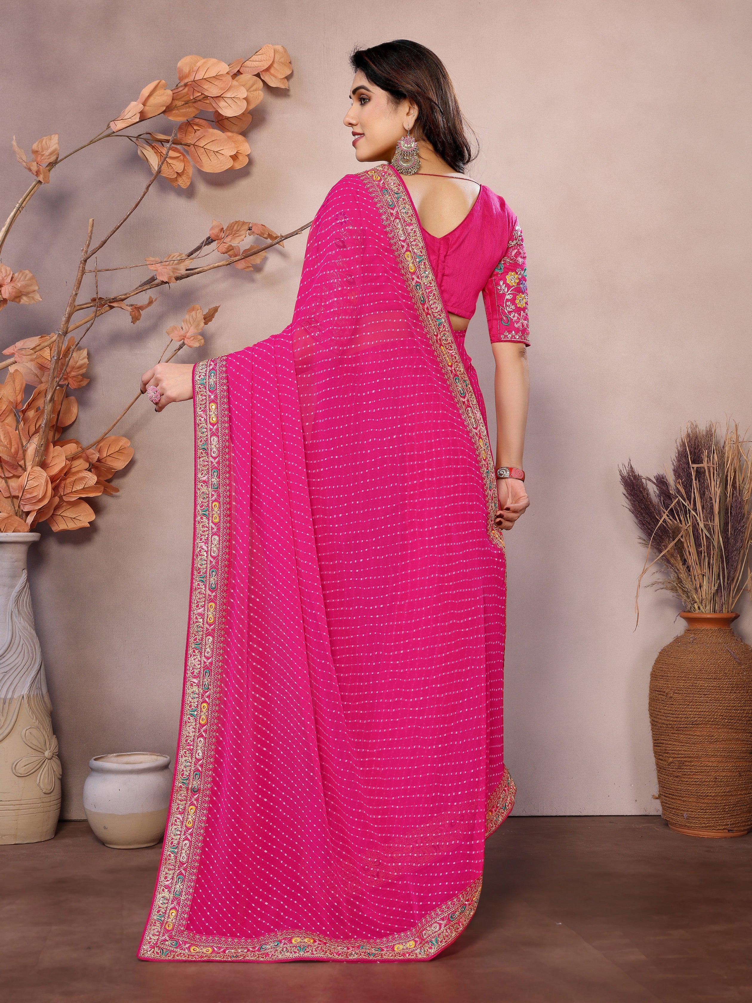 Pink Georgette Designer Embroidered Traditional Leheria Saree