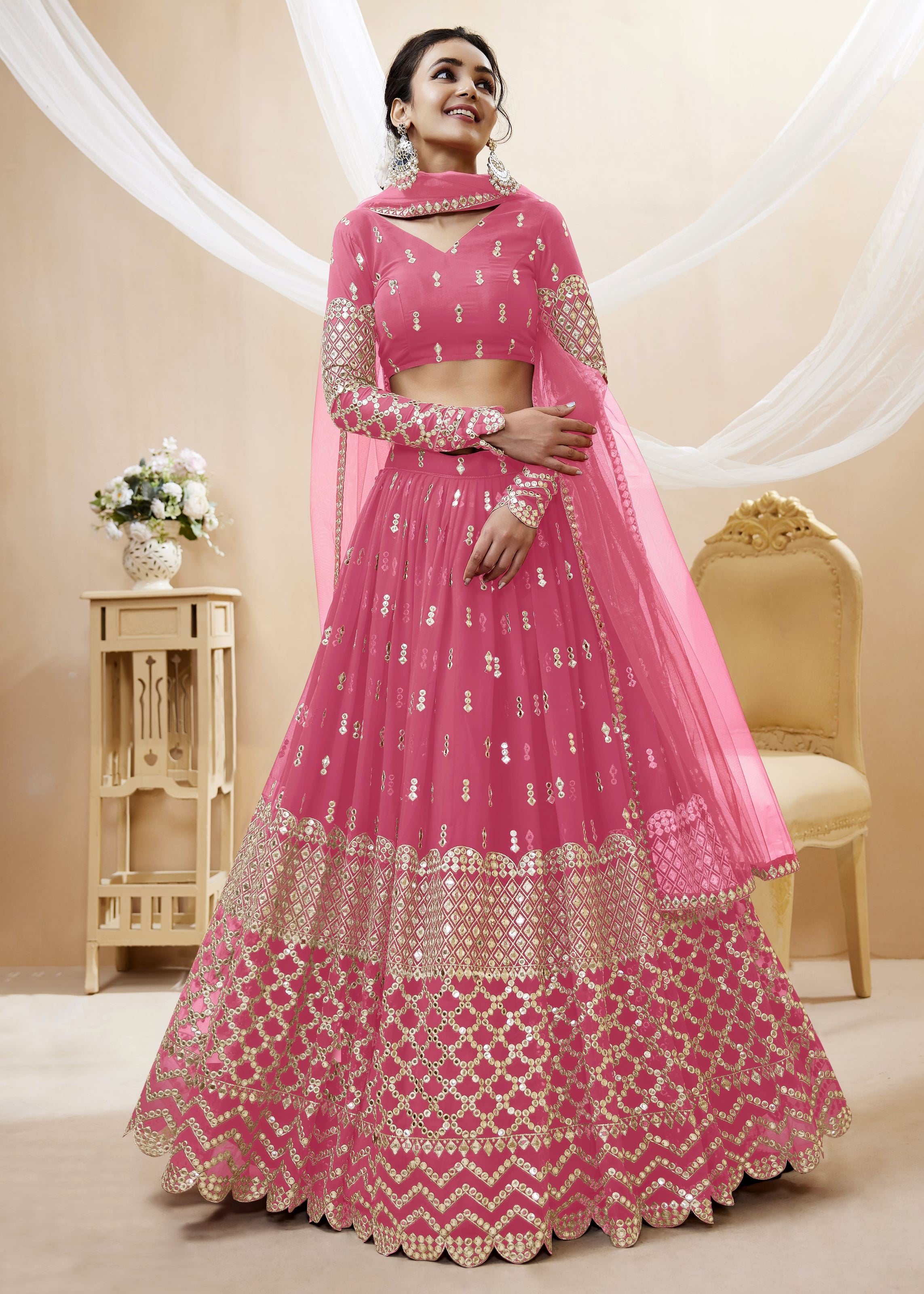 Pink Georgette Lehenga Choli With Sequins Zari Embroidered Work