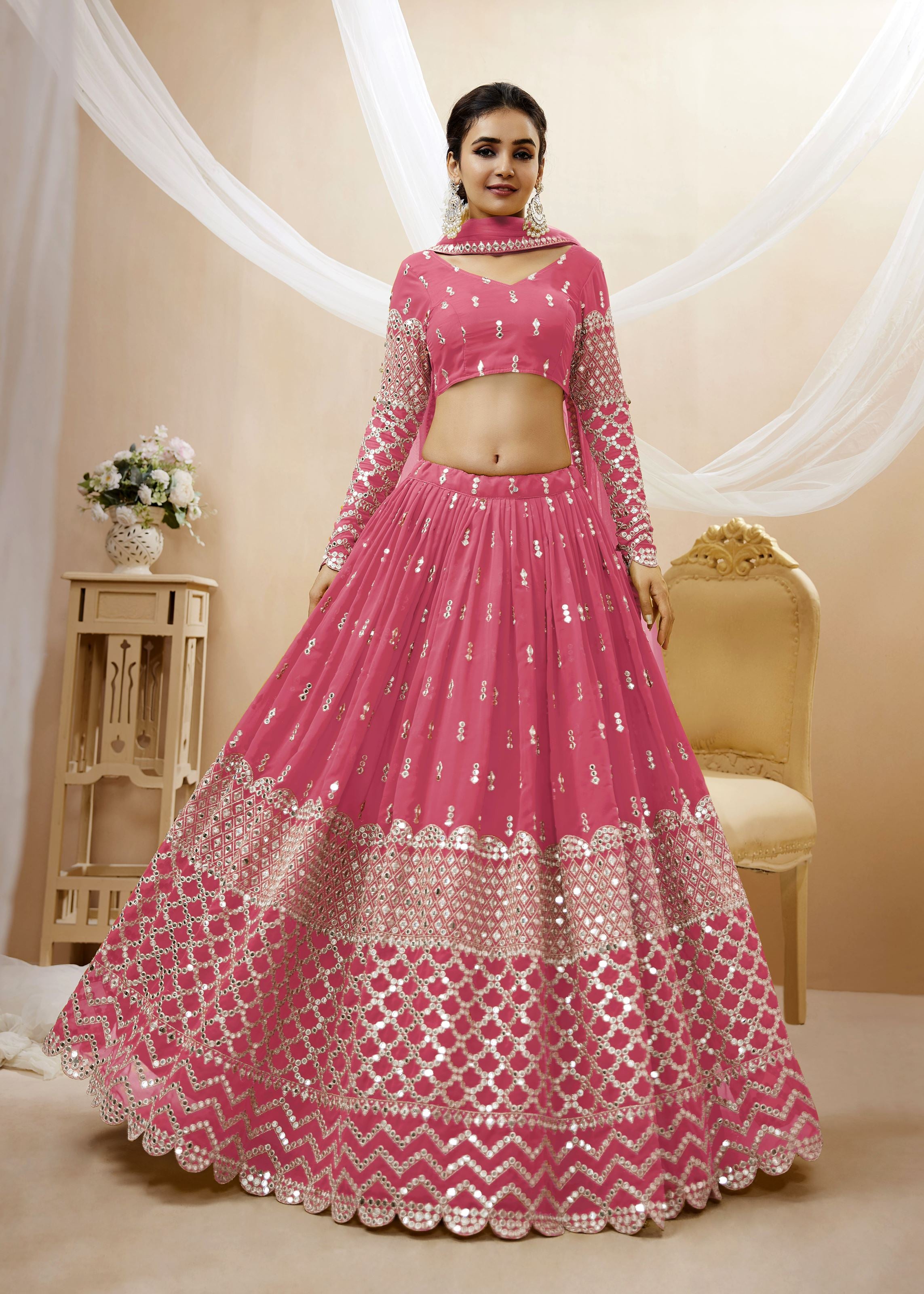 Pink Georgette Lehenga Choli With Sequins Zari Embroidered Work