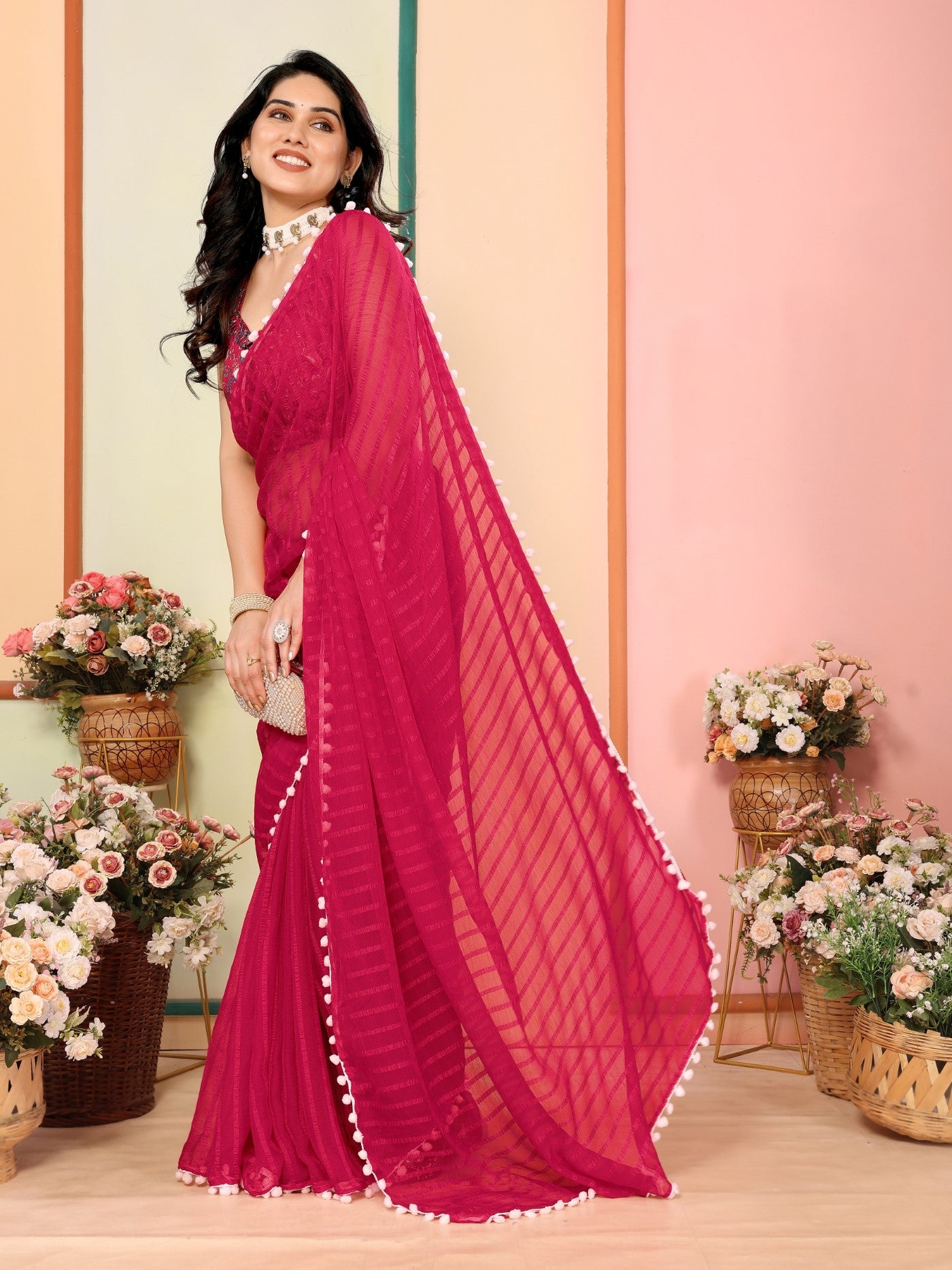 Pink Georgette Patta Saree With Plain Saree With Digital Print Blouse