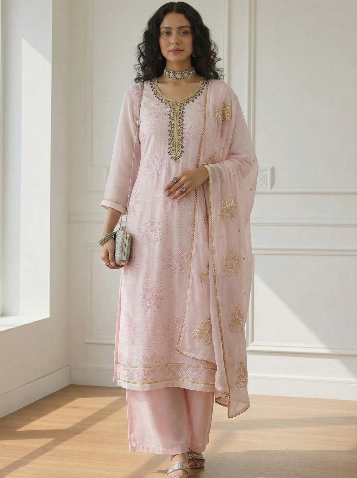 Pink Georgette Salwar Suit With Khatli Embroidery