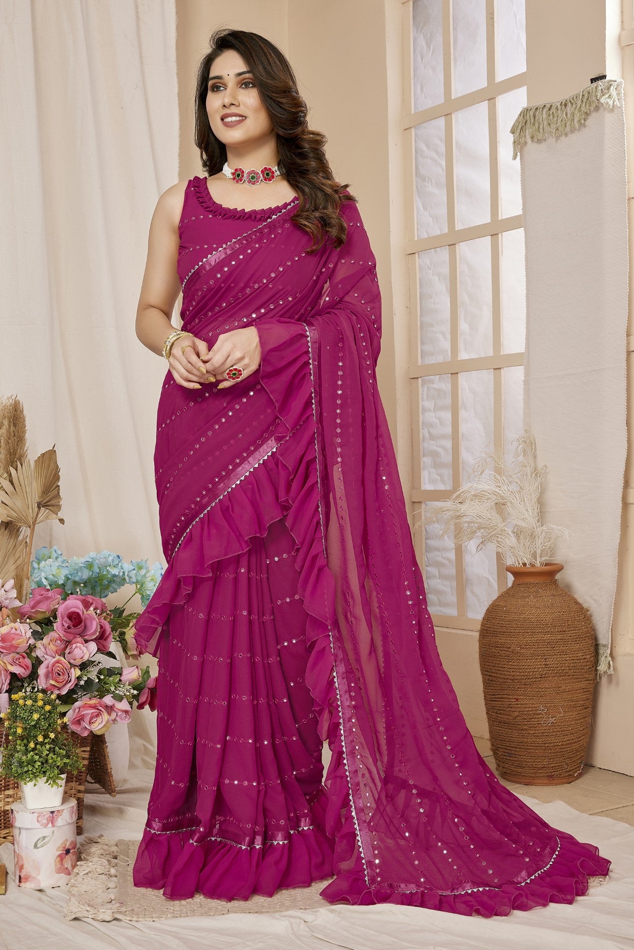 Pink Georgette Saree With Ruffle Saree With Mirror Work With Mirror Work Blouse