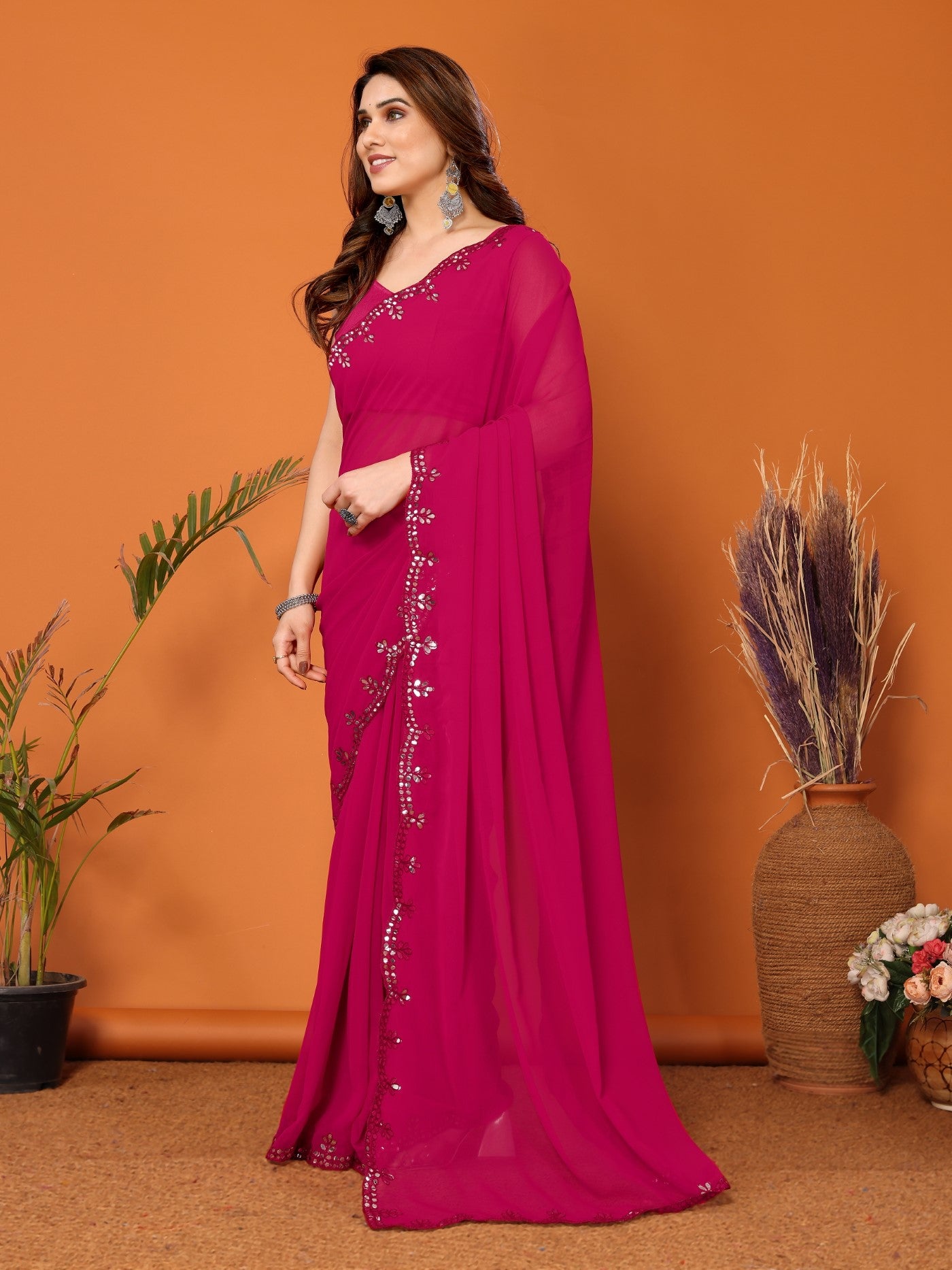 Pink Georgette Saree with Mirror Work