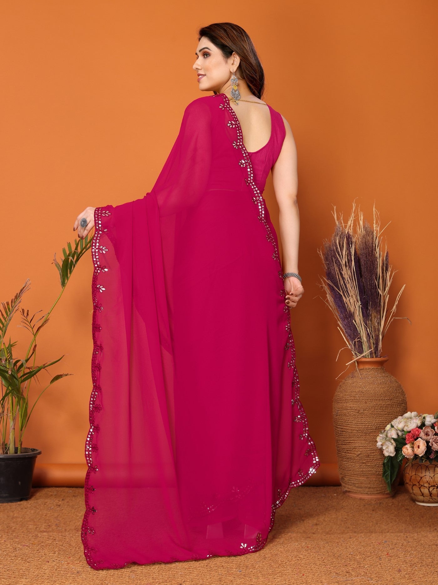 Pink Georgette Saree with Mirror Work