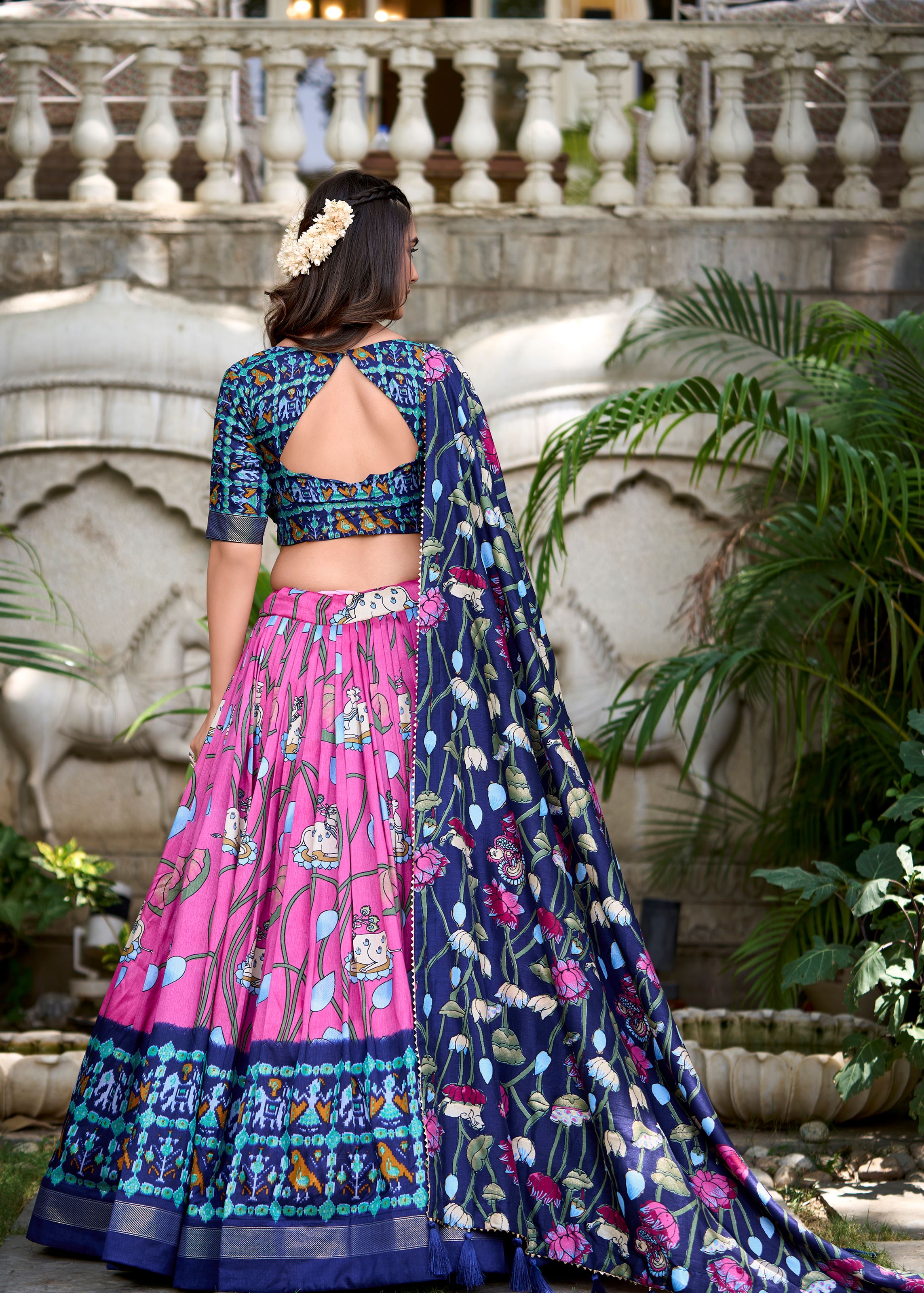 Pink Grace Tussar Silk Patola Print Lehenga