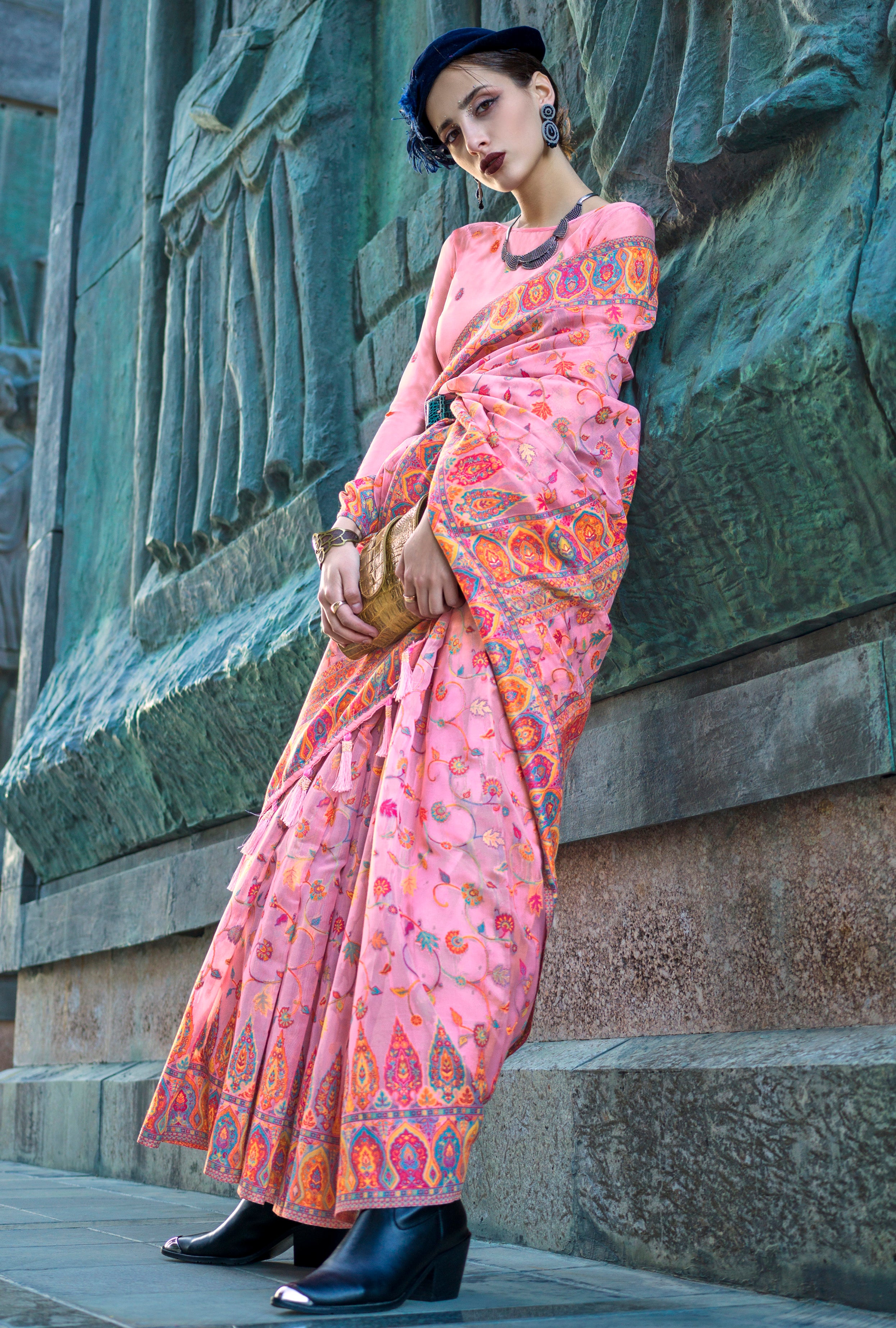 Pink Handloom Organza Saree With  Handloom Kashmiri Jacquard Woven Work