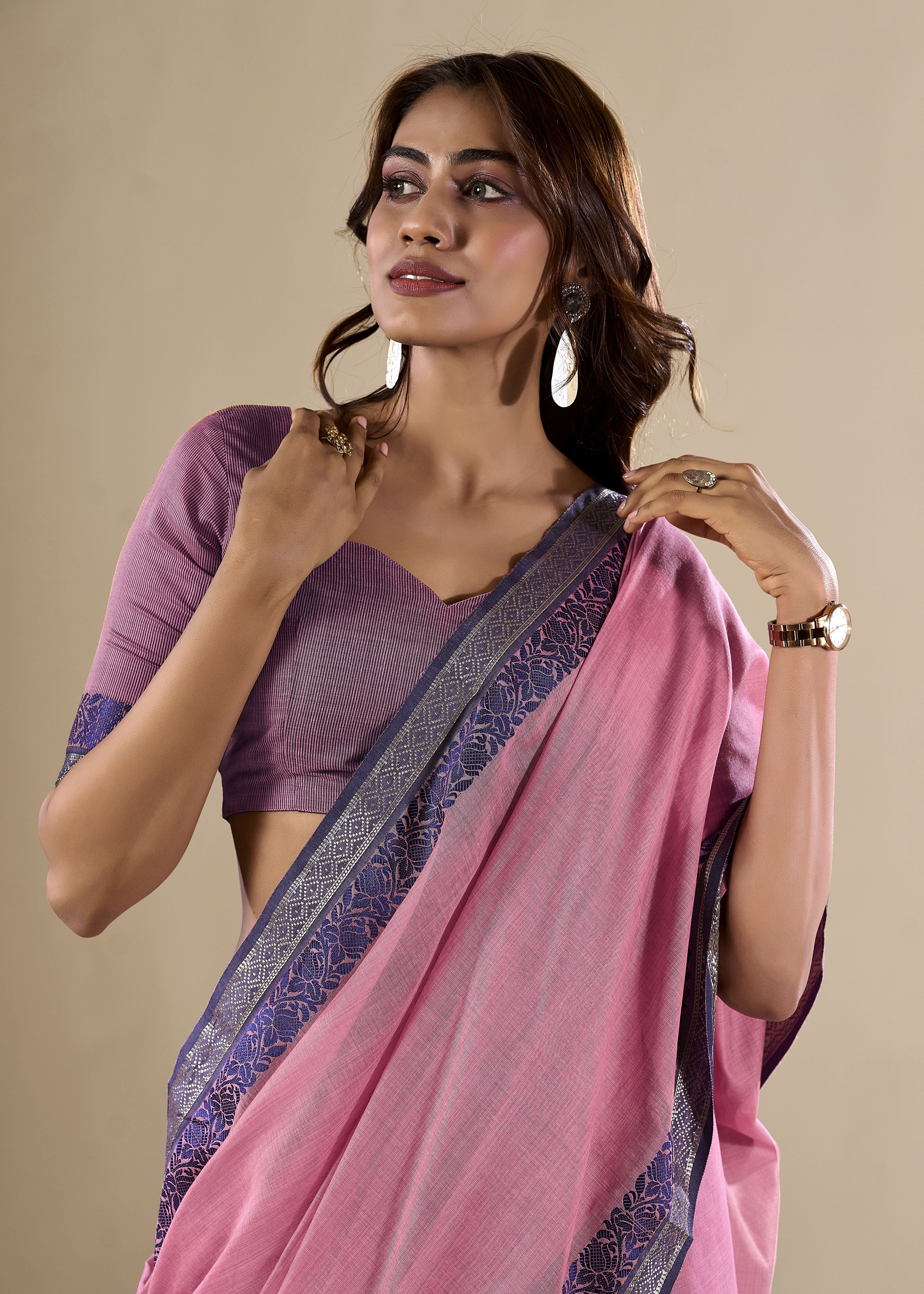 Pink Handloom Silk Woven Pallu Border Designer Ethnic Traditional Saree