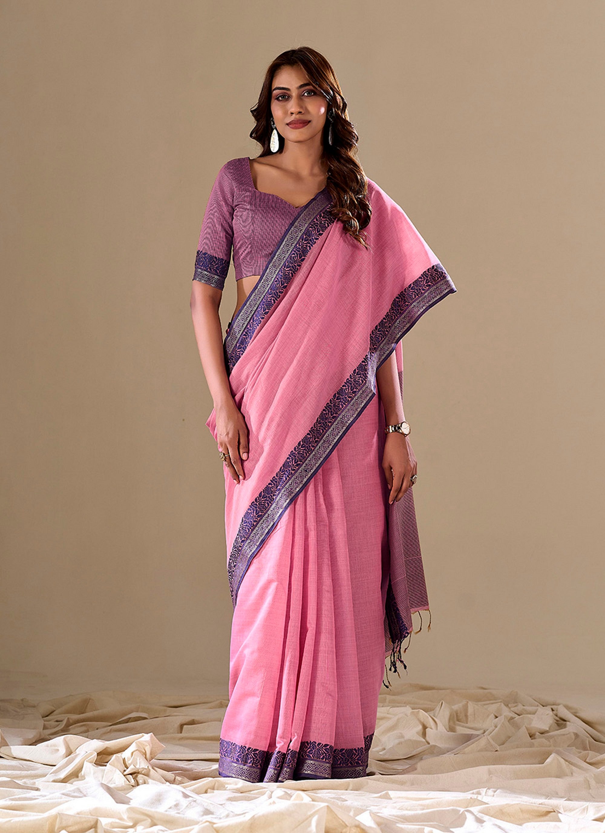 Pink Handloom Silk Woven Pallu Border Designer Ethnic Traditional Saree