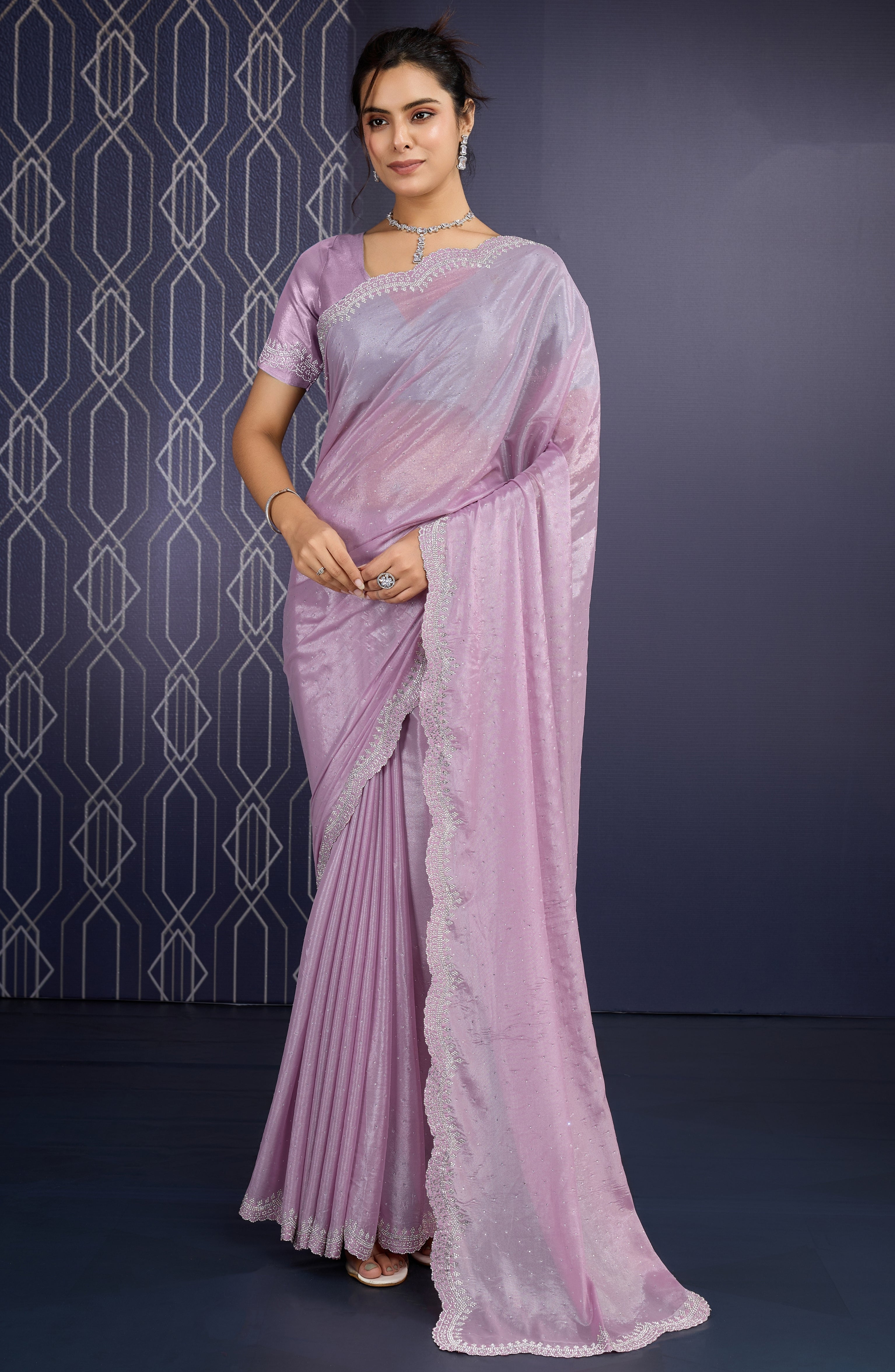 Pink Ice Georgette Saree with Zarkan Diamond Cut Work