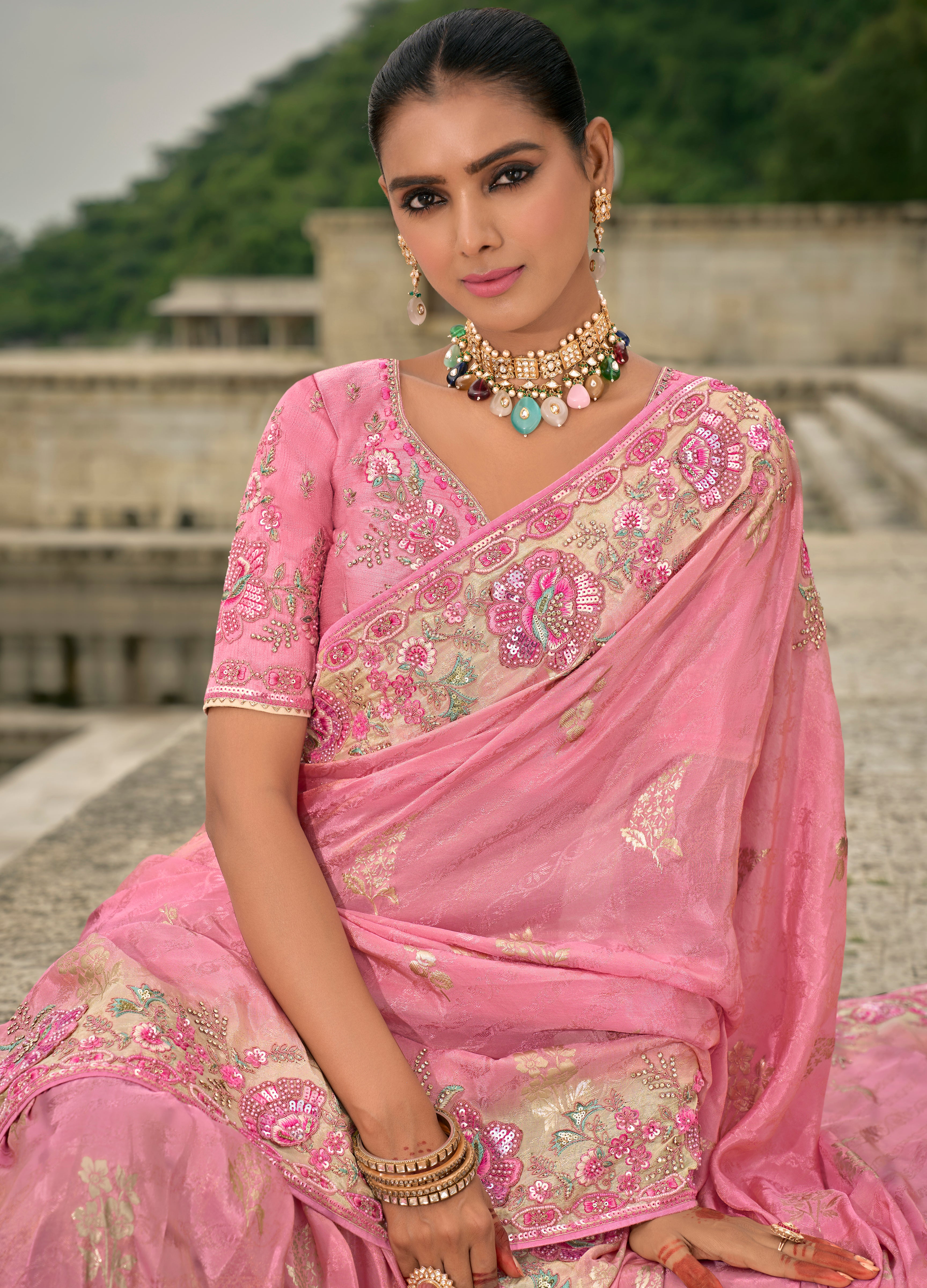 Pink Jacquard Saree With  Heavy Thread Embroidery and Sequins Work