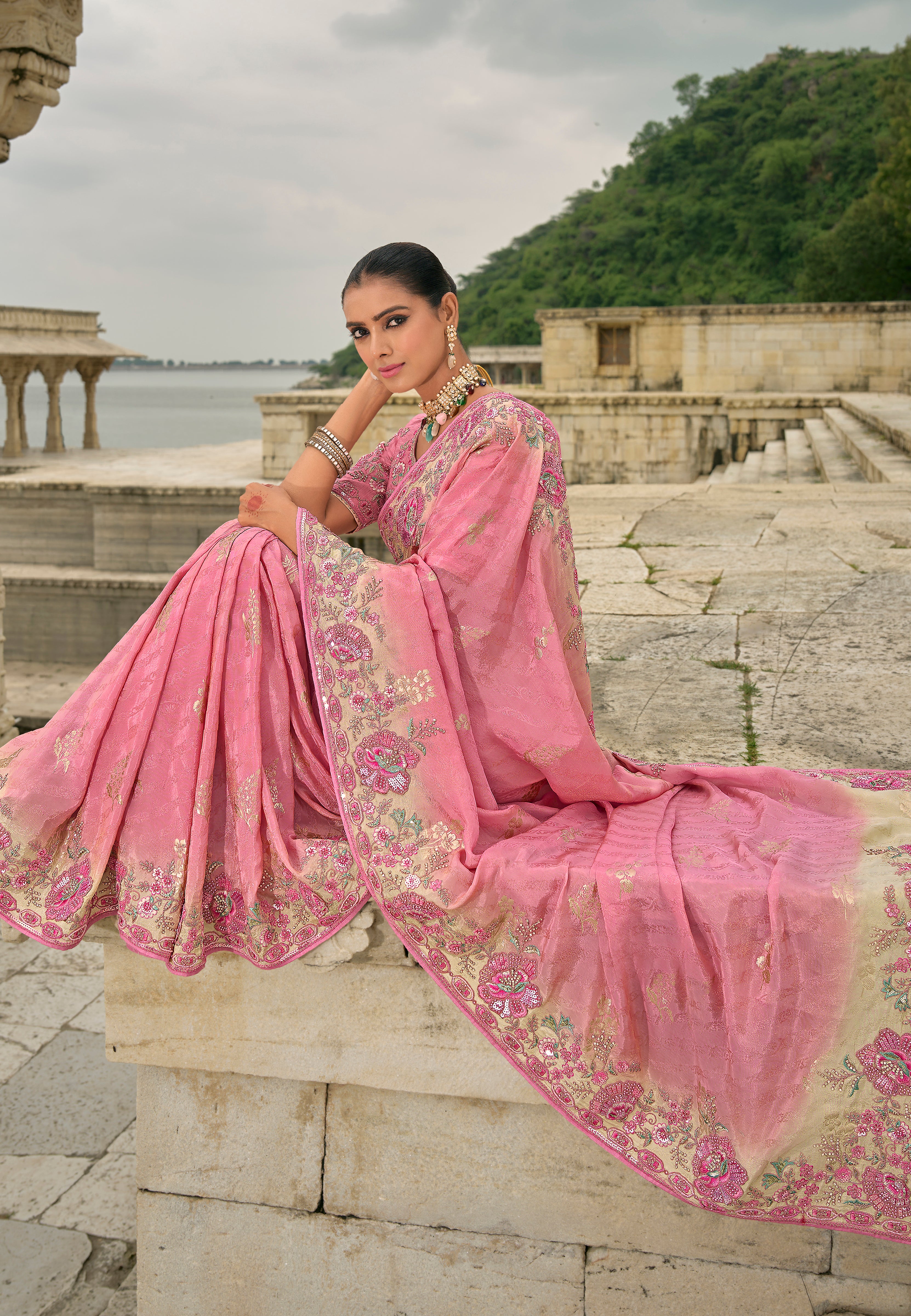 Pink Jacquard Saree With  Heavy Thread Embroidery and Sequins Work