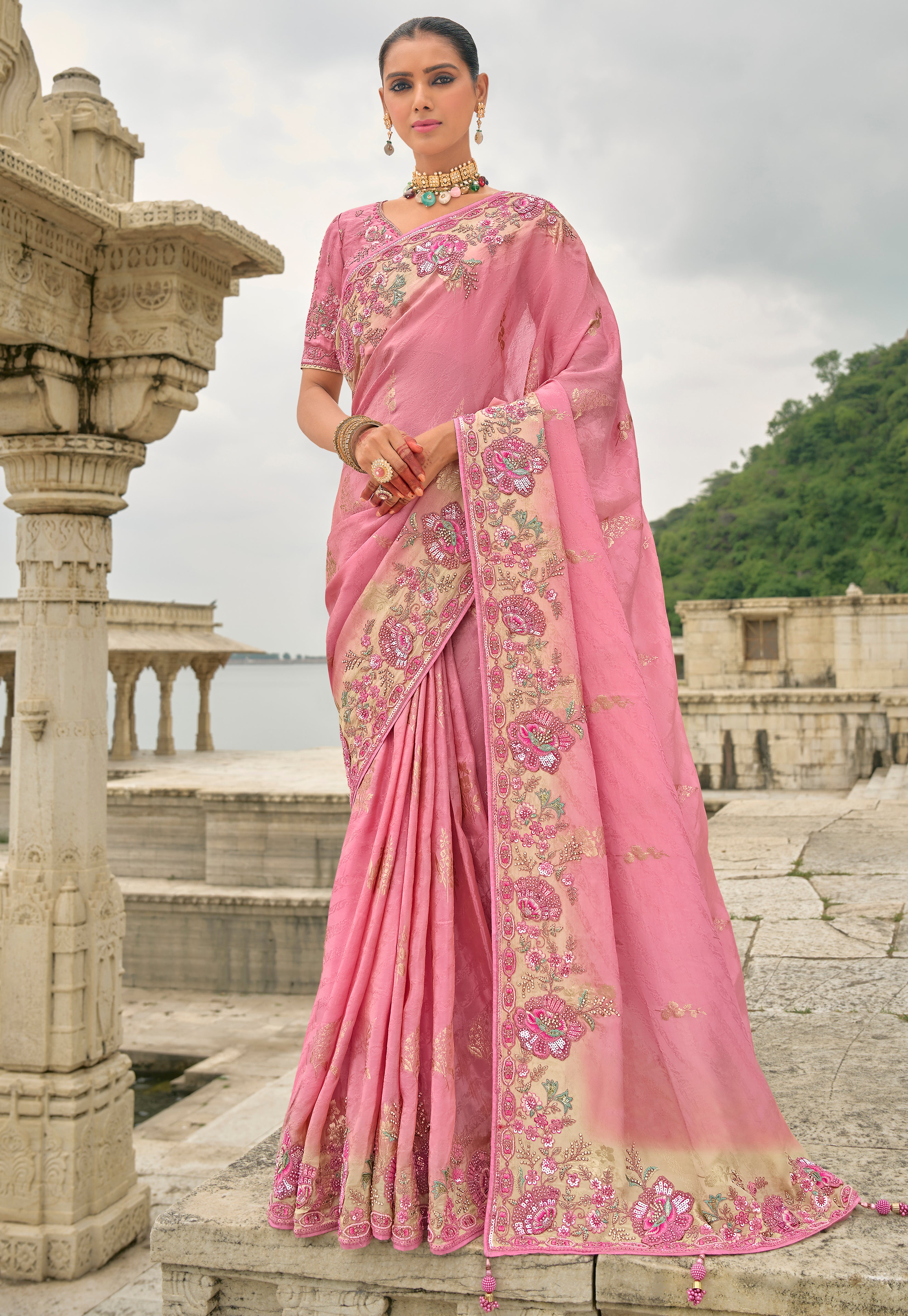 Pink Jacquard Saree With  Heavy Thread Embroidery and Sequins Work