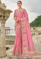 Pink Jacquard Saree With  Heavy Thread Embroidery and Sequins Work