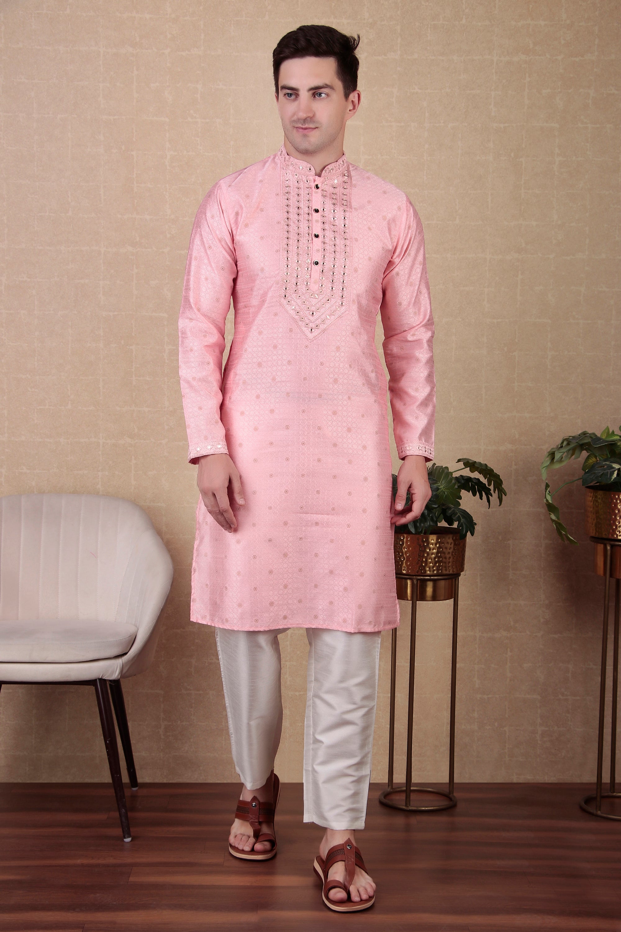 Pink Jacquard Silk Kurta Payjama – Trendy Traditional Look