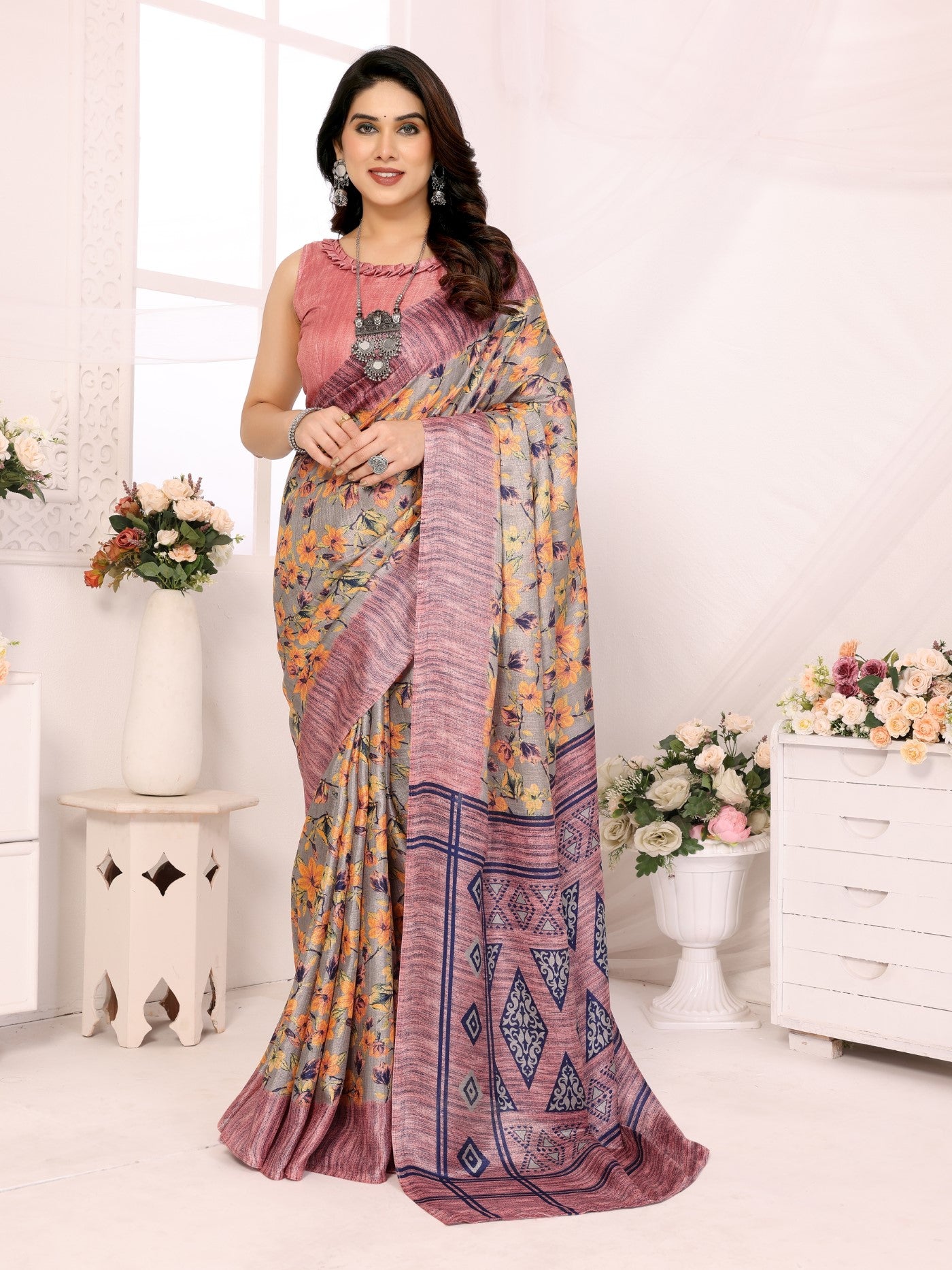 Pink Khadi Saree With Printed