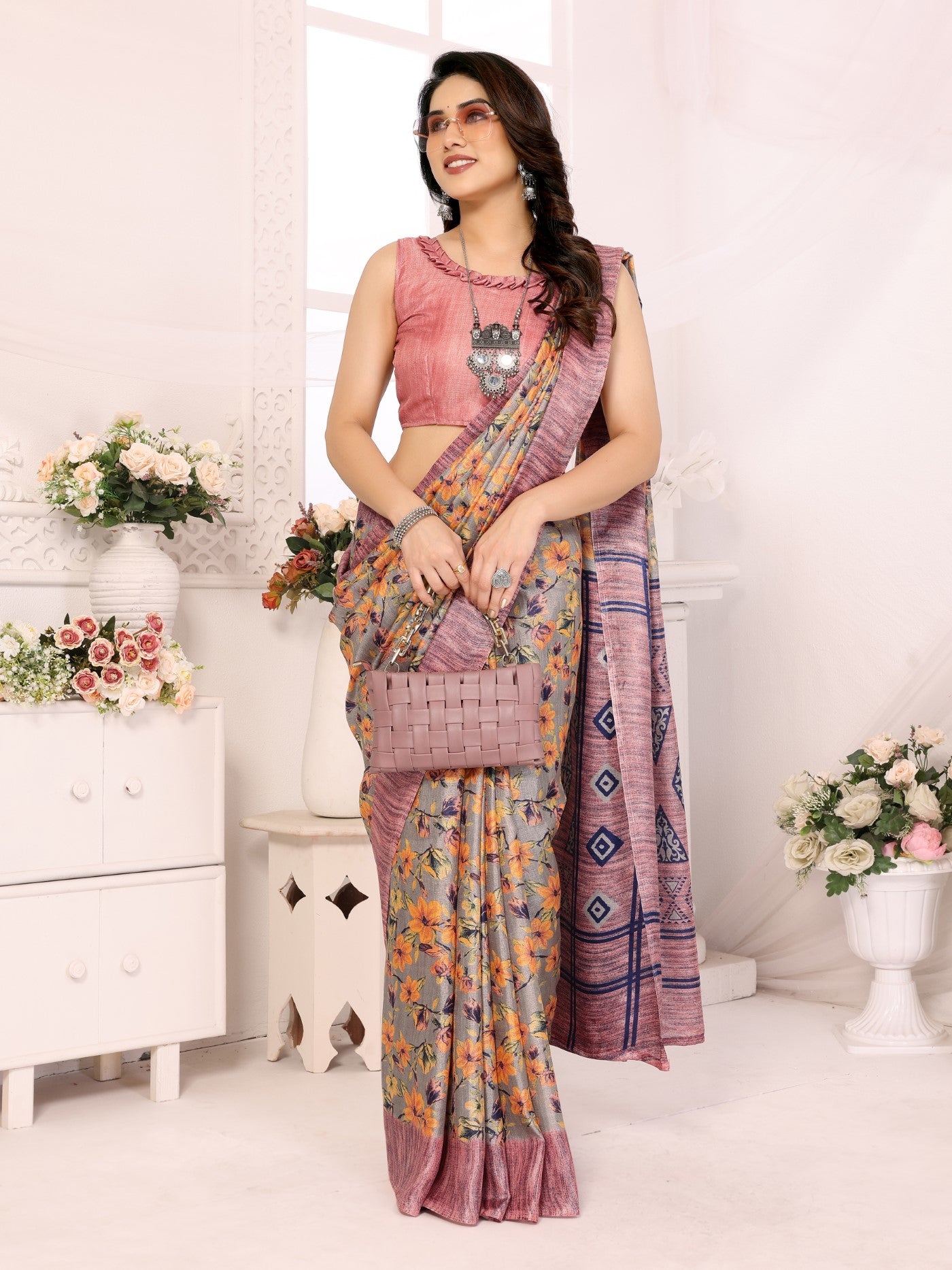 Pink Khadi Saree With Printed