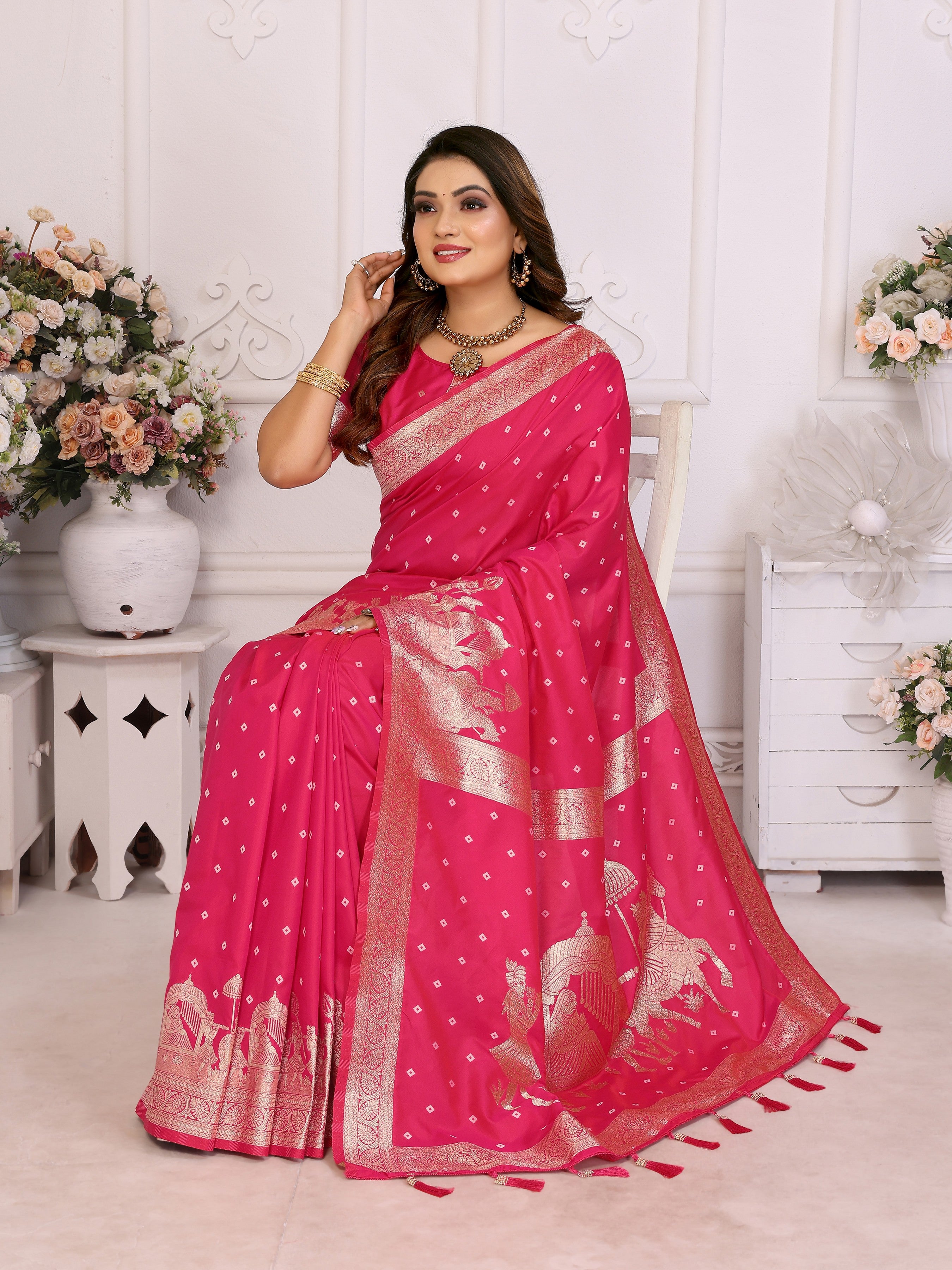 Pink Kochi Silk Ethnic Woven Jari Bandhej Designer Festive Saree