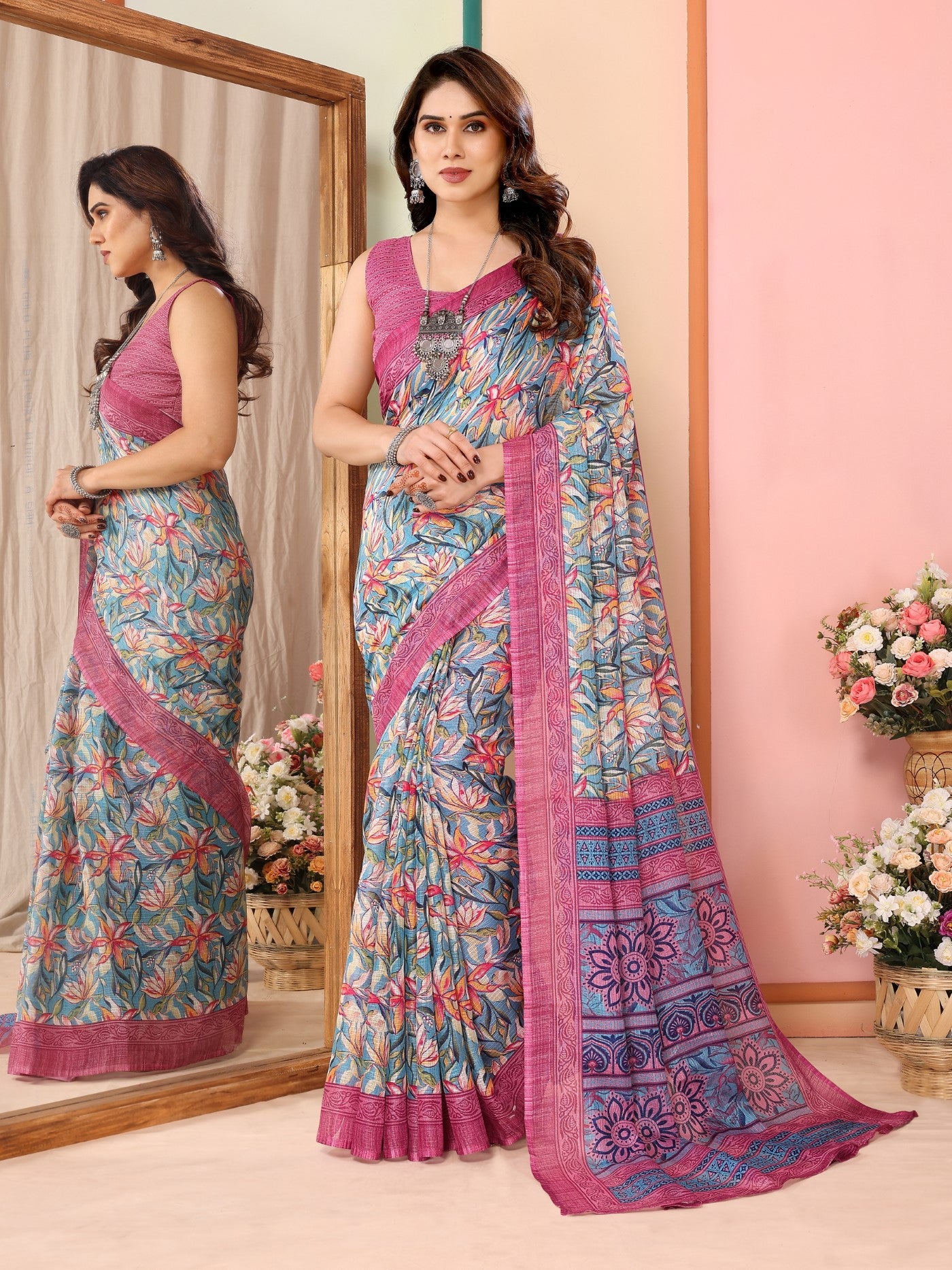 Pink Kota Doriya Saree with Print