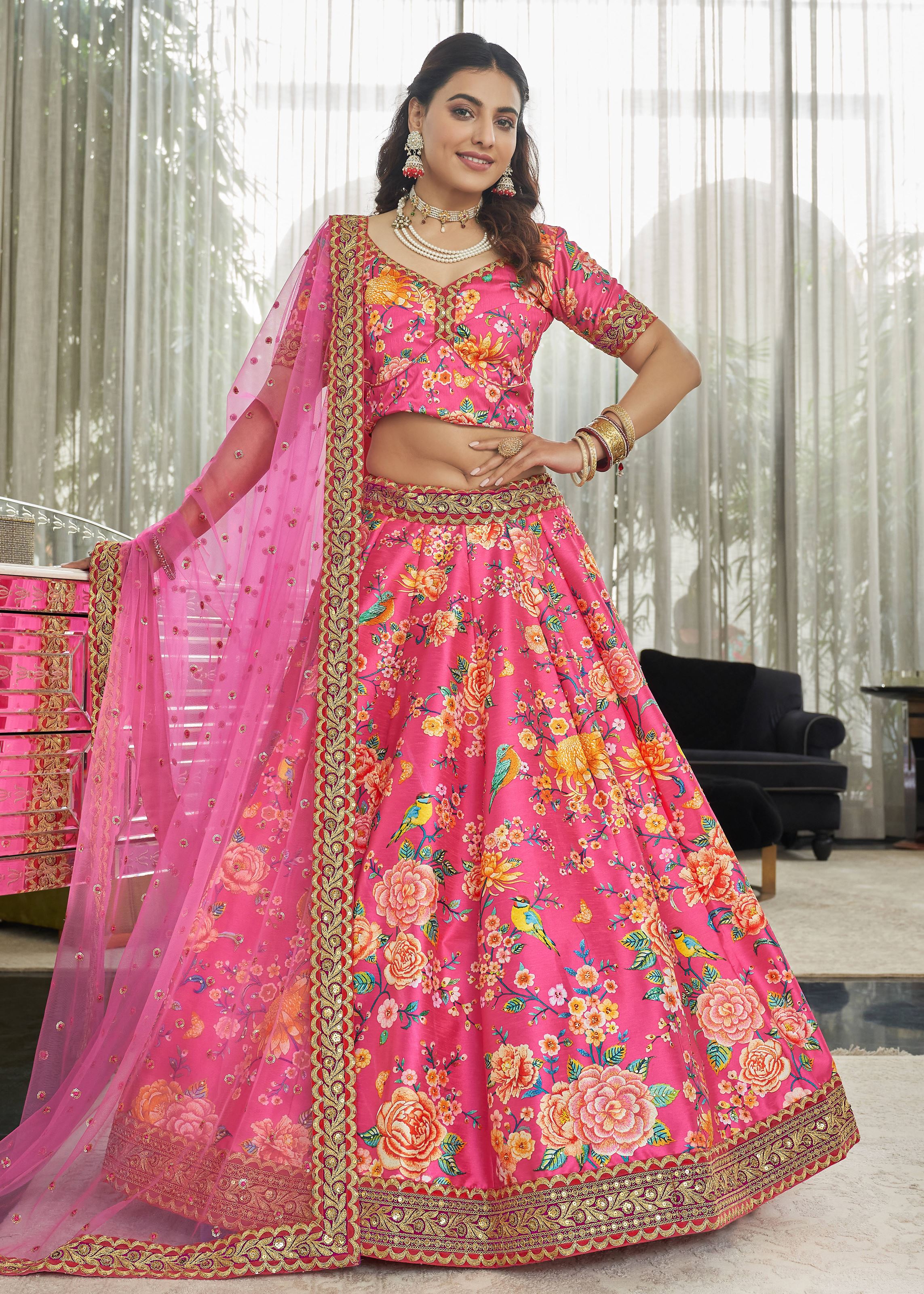 Pink Lehenga Choli With Digital Print With Dori, Sequins And Stone Work