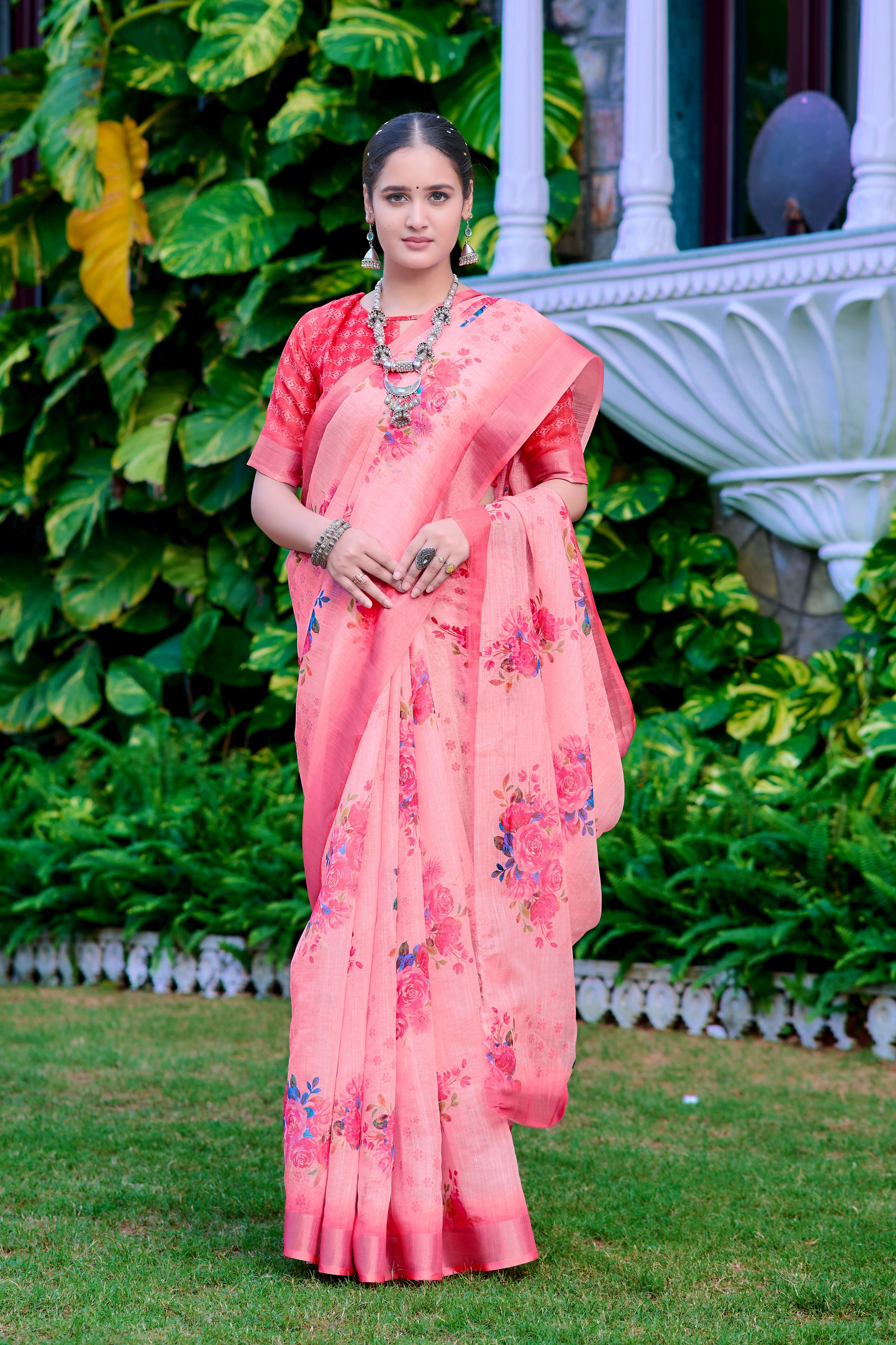 Pink Linen Cotton Designer Printed Ethnic Festive Saree