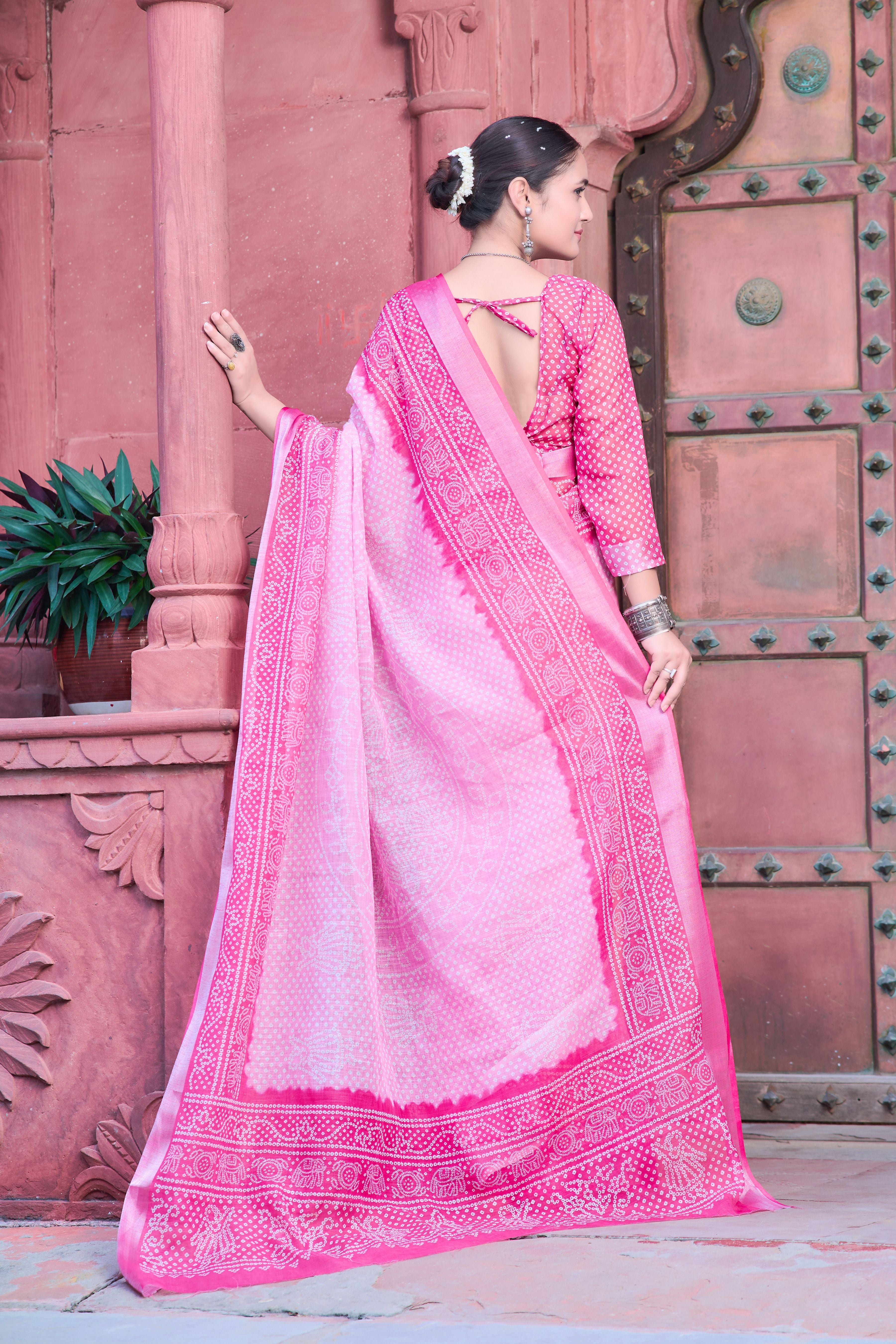 Pink Linen Cotton Designer Printed Ethnic Festive Saree