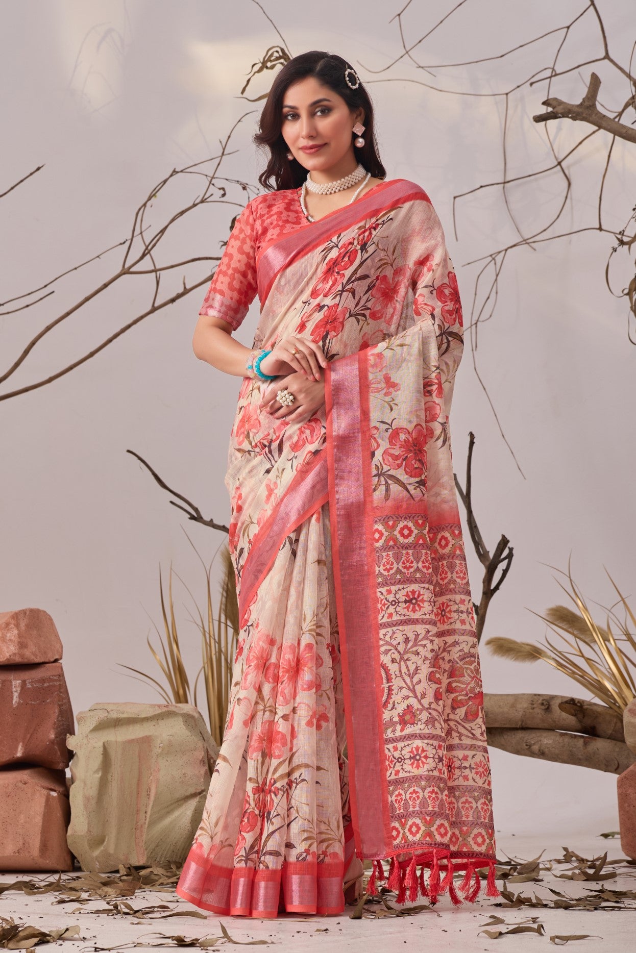 Pink Linen Cotton Saree with Digital Print