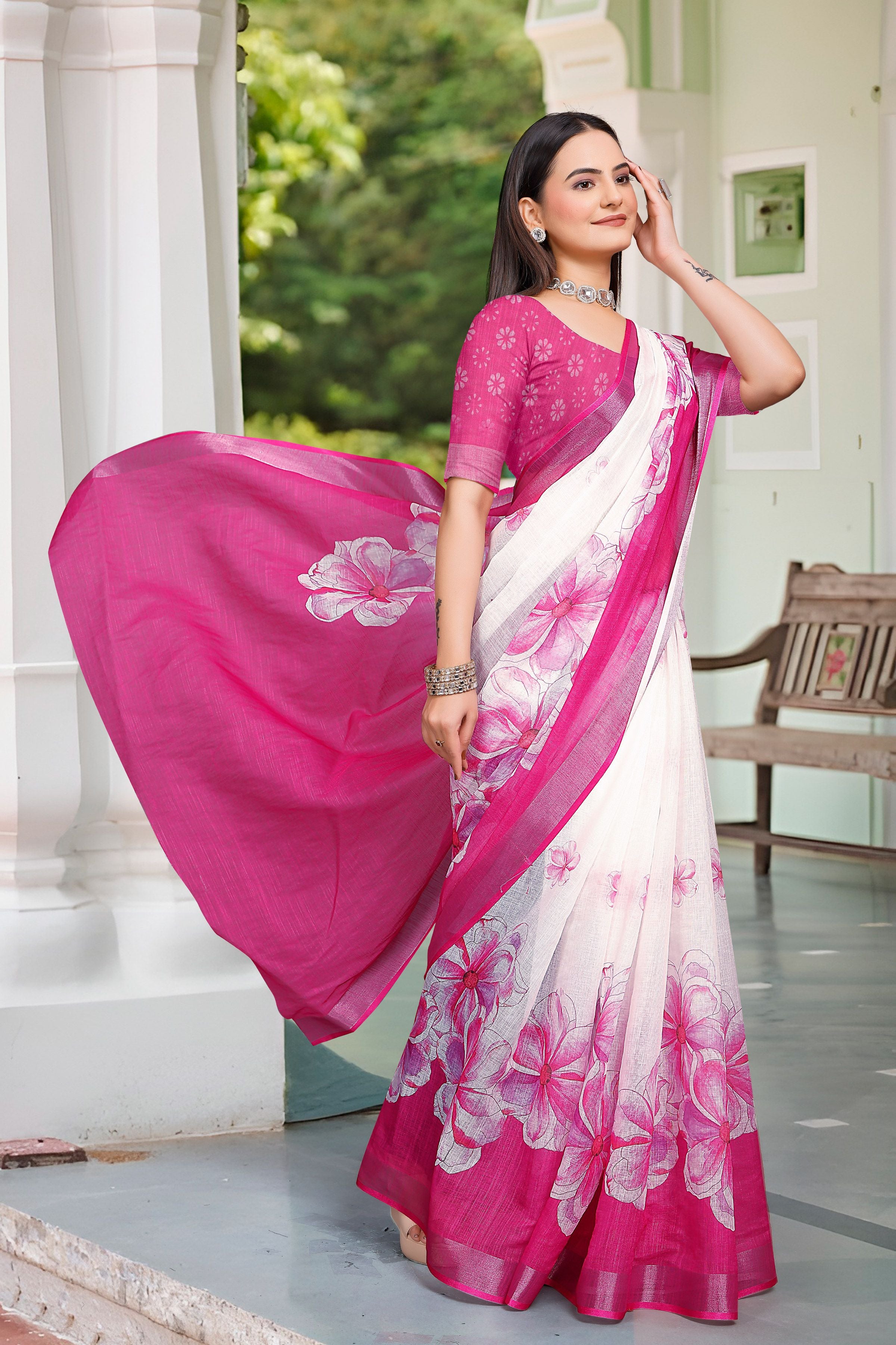 Pink Linen Cotton Woven Border Designer Printed Saree