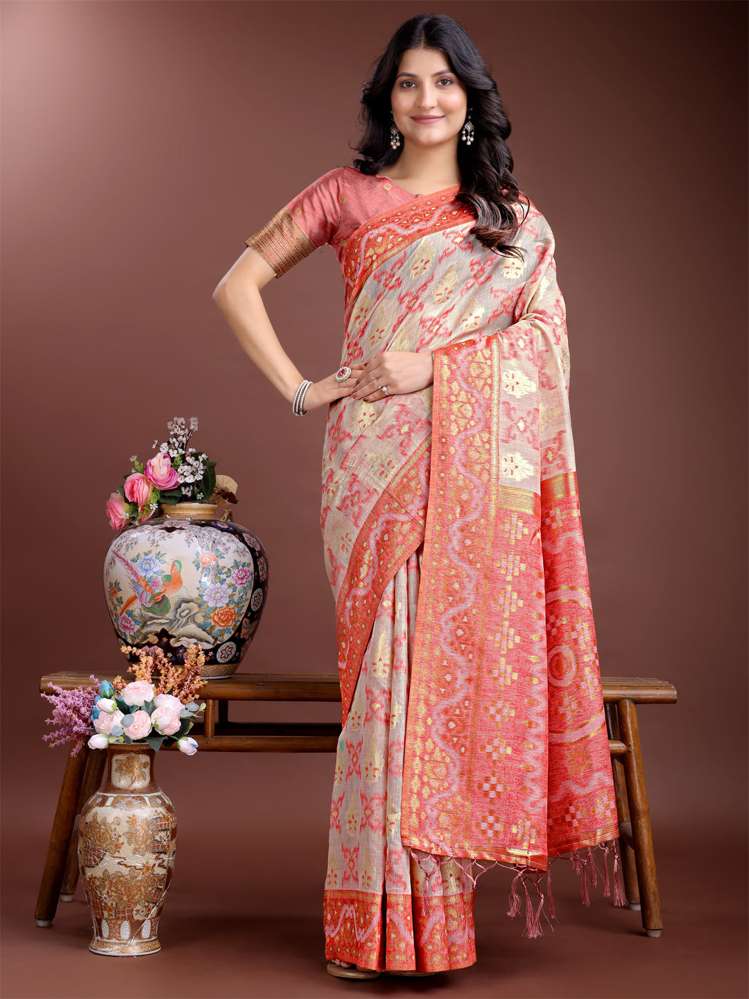 Pink Linen Cotton Woven Jacquard Designer Beautiful Traditional Saree