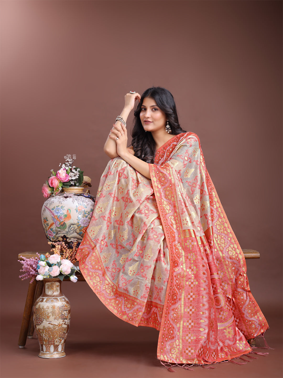 Pink Linen Cotton Woven Jacquard Designer Beautiful Traditional Saree