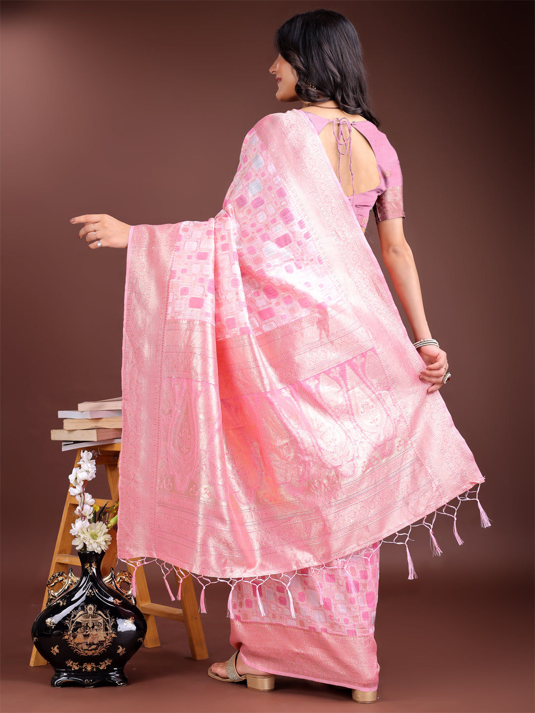 Pink Linen Cotton Woven Jacquard Designer Ehtnic Partywear Girlie Looks Saree