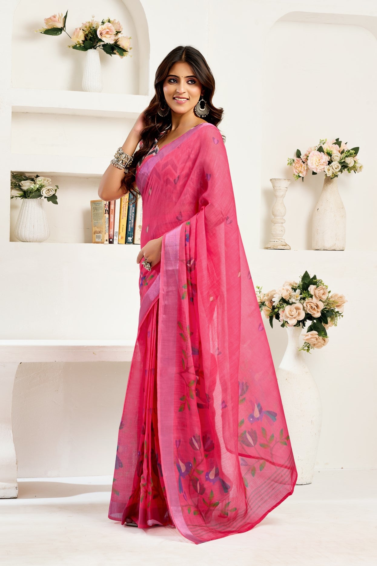 Pink Linen Ready To Wear Saree With Zari Border Printed