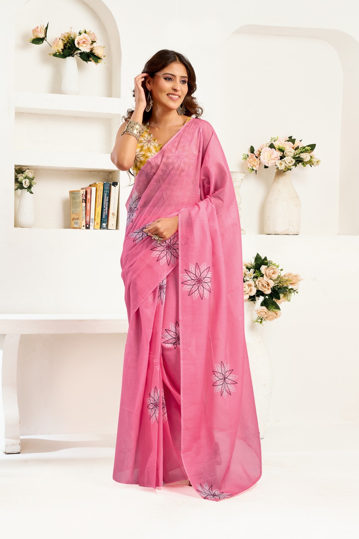 Pink Linen Ready To Wear Saree With Zari Border Printed
