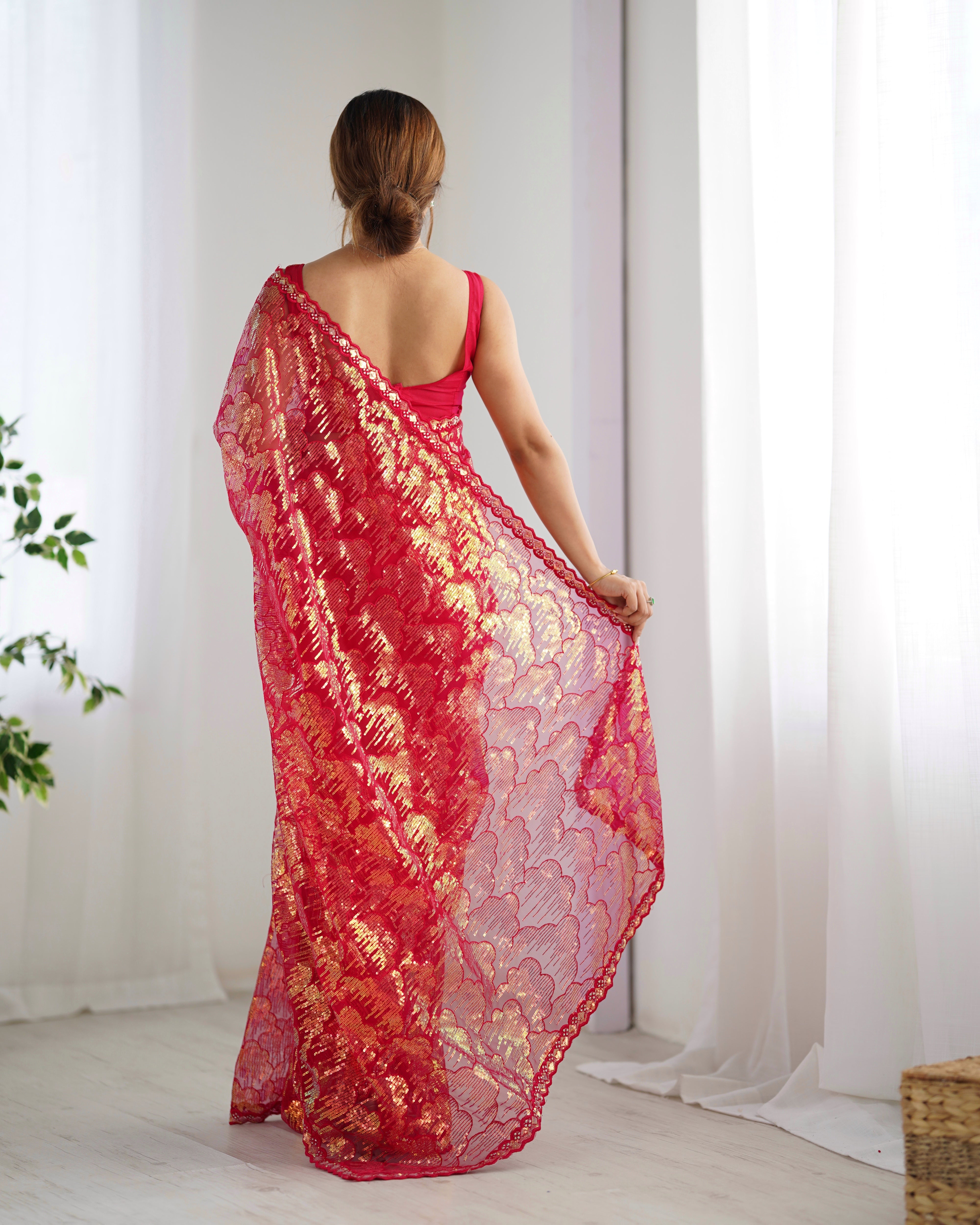 Pink Mono Net Beautiful Bollywood Saree With Designer Sequins Work