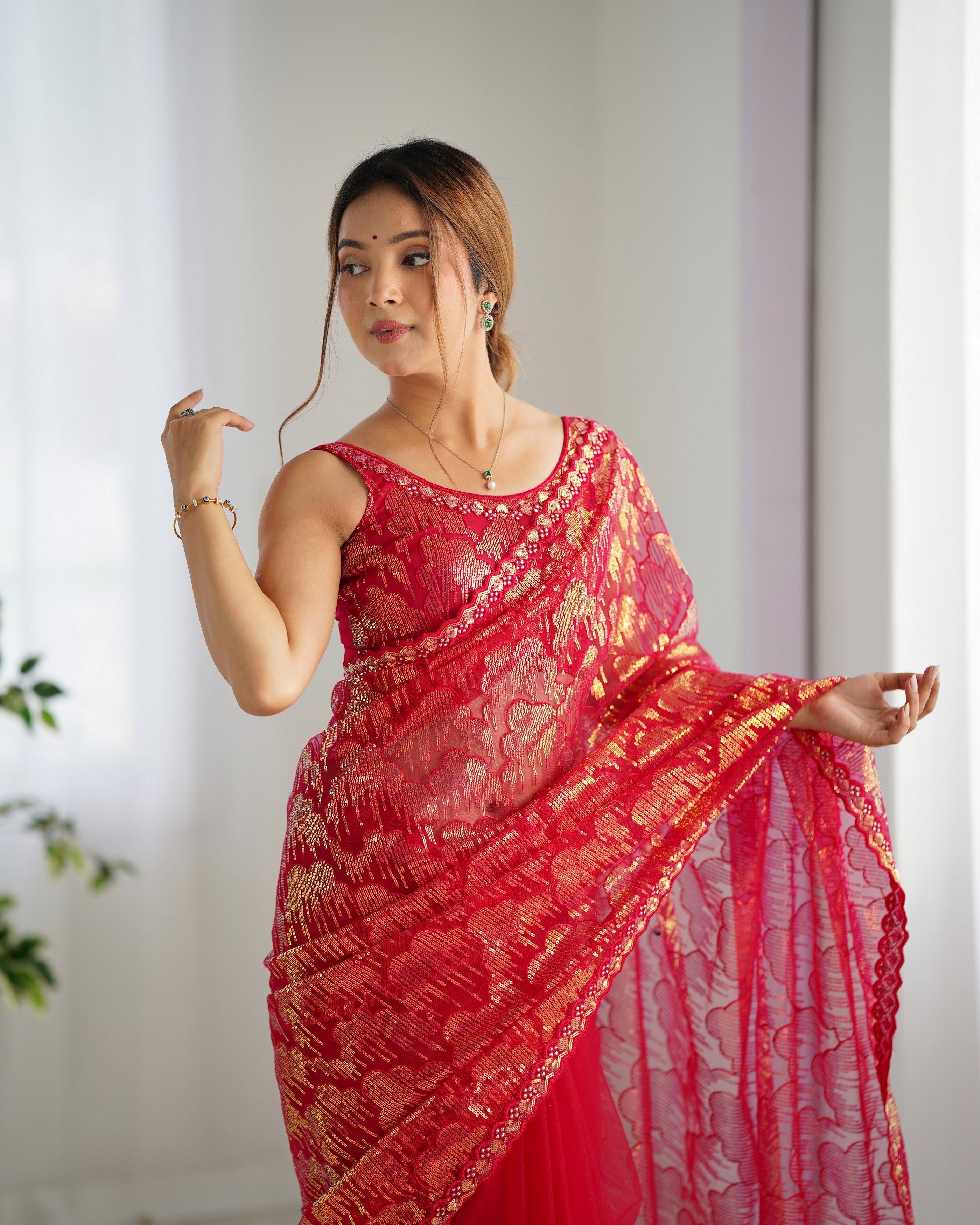 Pink Mono Net Beautiful Bollywood Saree With Designer Sequins Work