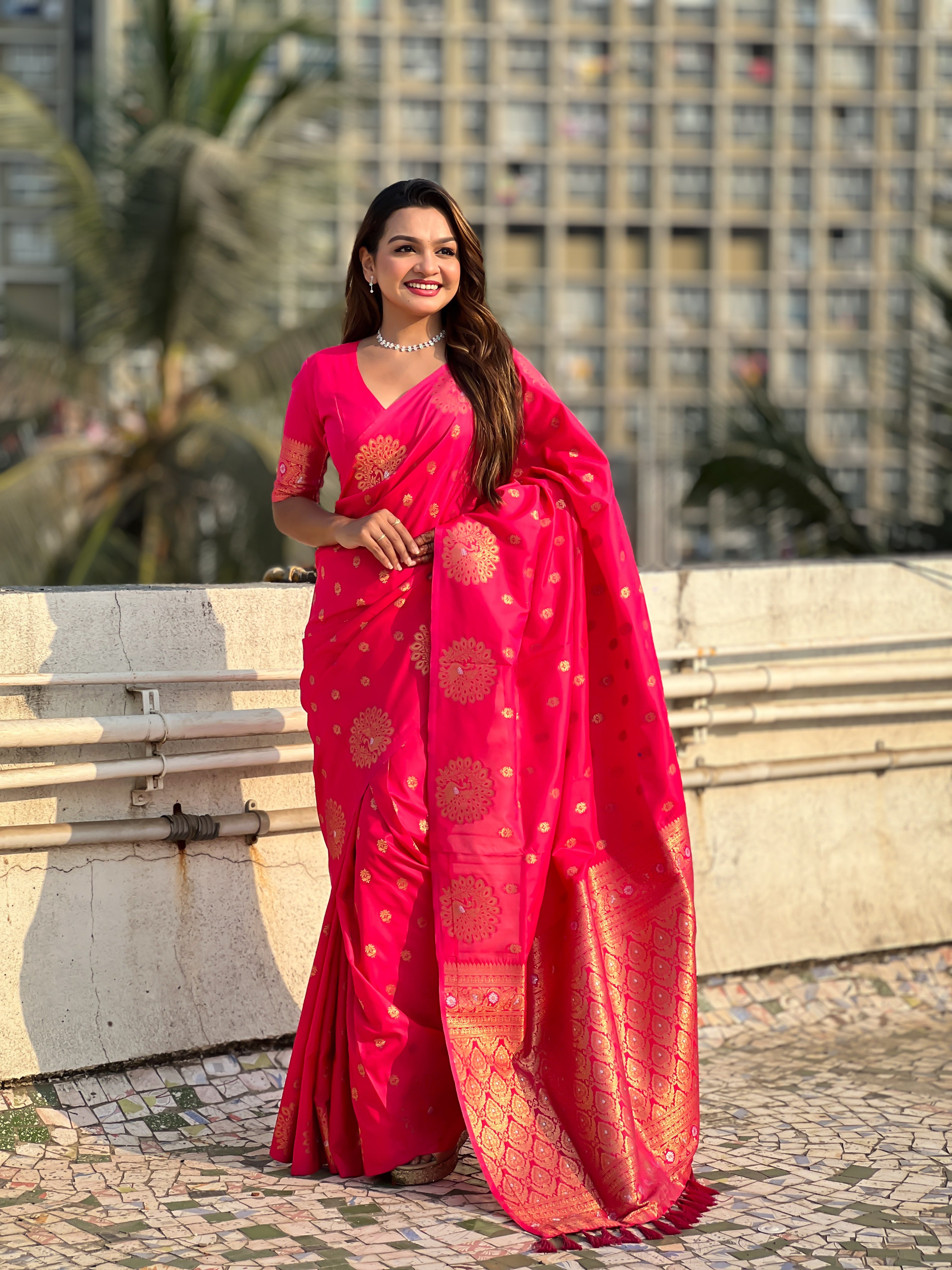 Pink Moonga Silk Woven Dual Jari Peacock Designer Heavy Festive Wear Saree