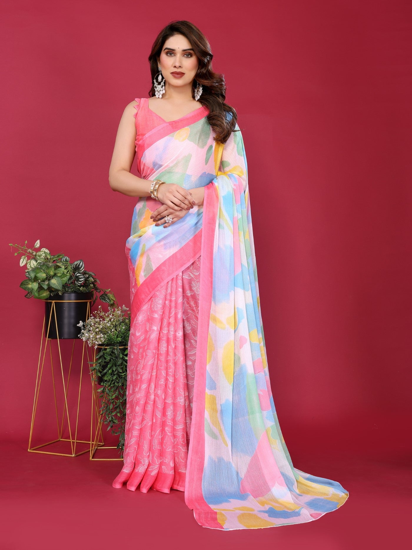 Pink Moss Chiffon Saree With Elegant Printed Design