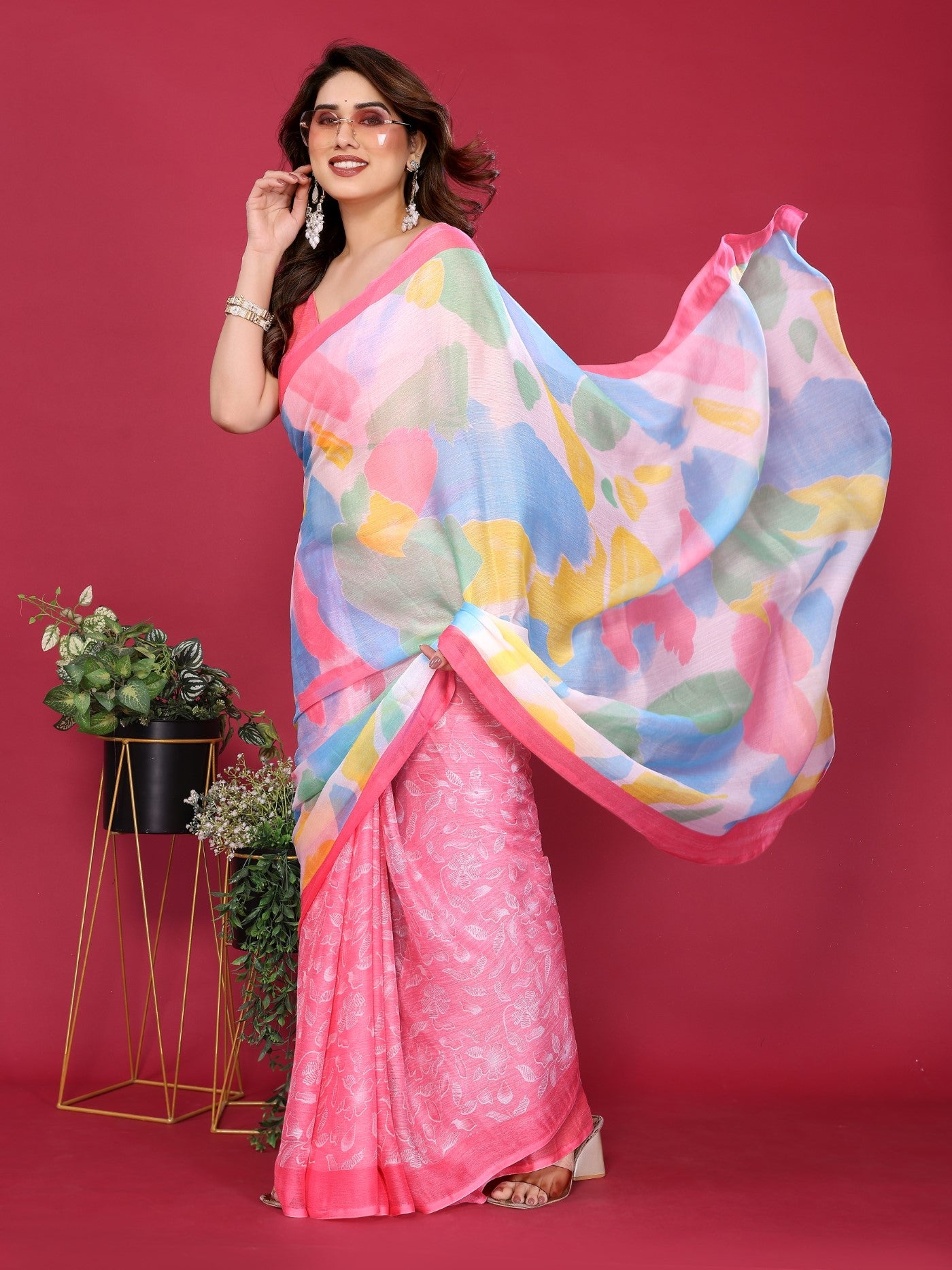 Pink Moss Chiffon Saree With Elegant Printed Design